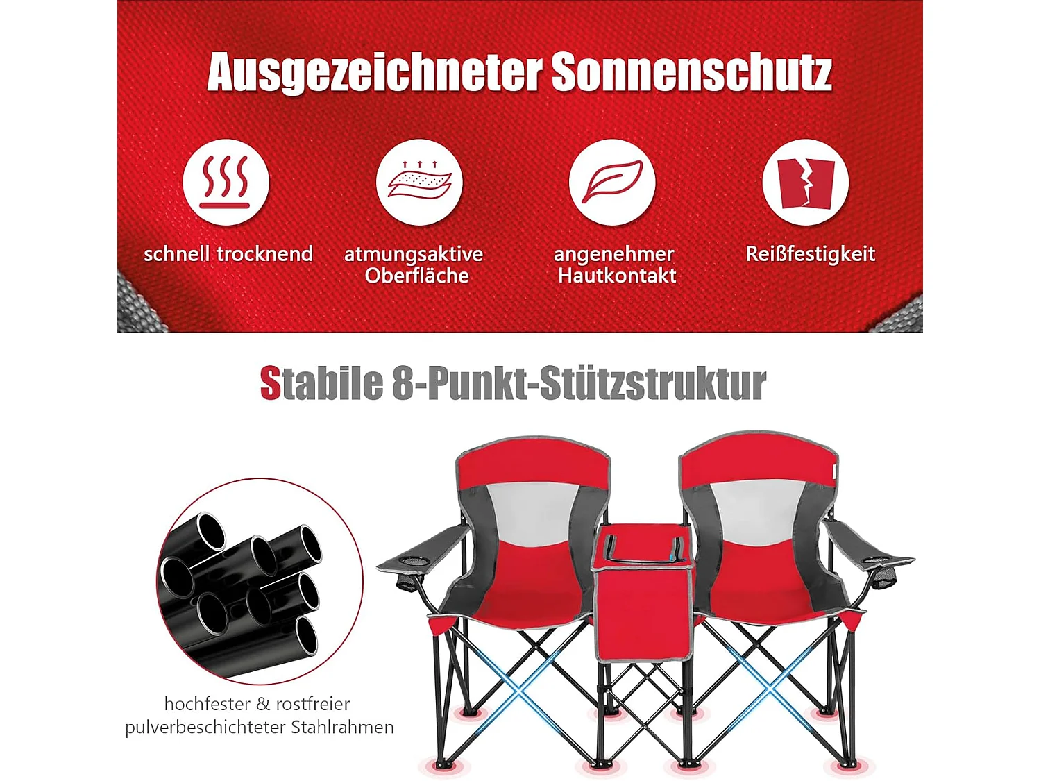 2-zits campingstoel met zonwering,mini-tafel,koeltas en bekerhouder,inklapbare visstoel,klapstoel voor kamperen,vissen,picknick (rood)AB92781