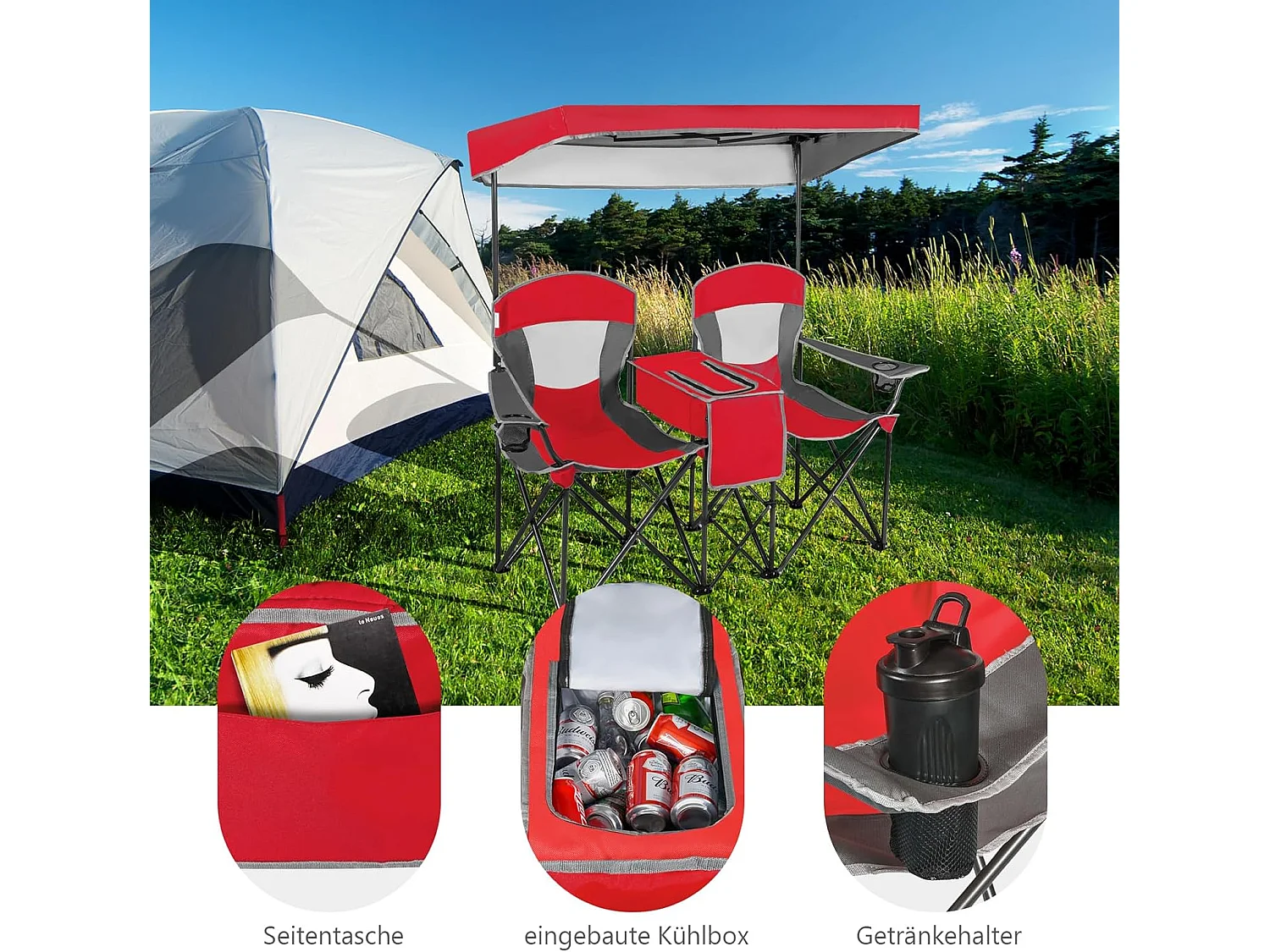 2-zits campingstoel met zonwering,mini-tafel,koeltas en bekerhouder,inklapbare visstoel,klapstoel voor kamperen,vissen,picknick (rood)AB92781