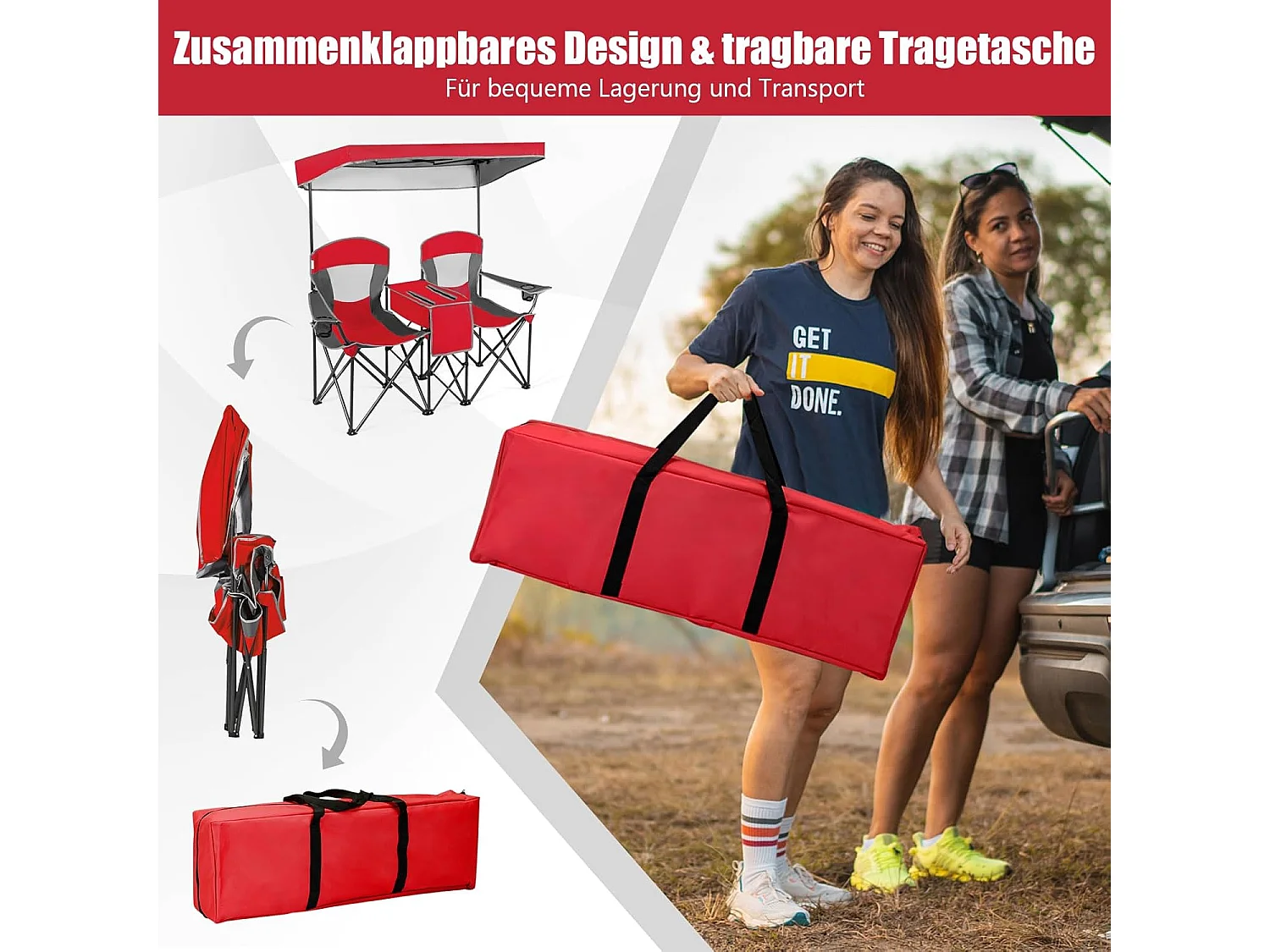 2-zits campingstoel met zonwering,mini-tafel,koeltas en bekerhouder,inklapbare visstoel,klapstoel voor kamperen,vissen,picknick (rood)AB92781
