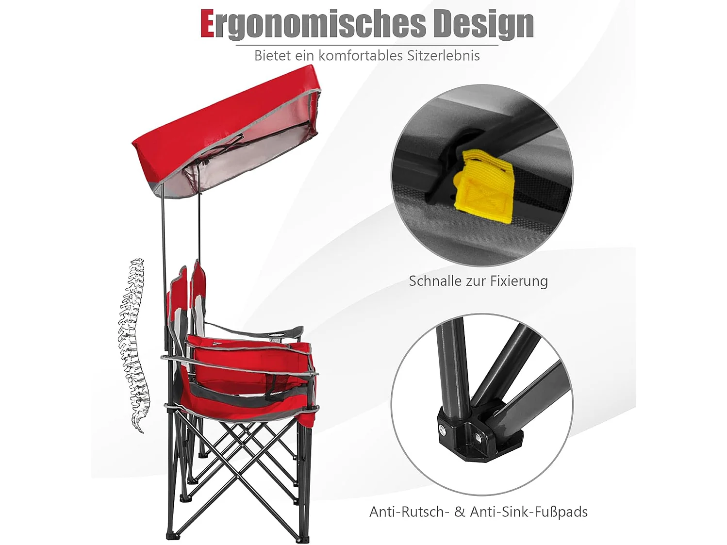 2-zits campingstoel met zonwering,mini-tafel,koeltas en bekerhouder,inklapbare visstoel,klapstoel voor kamperen,vissen,picknick (rood)AB92781