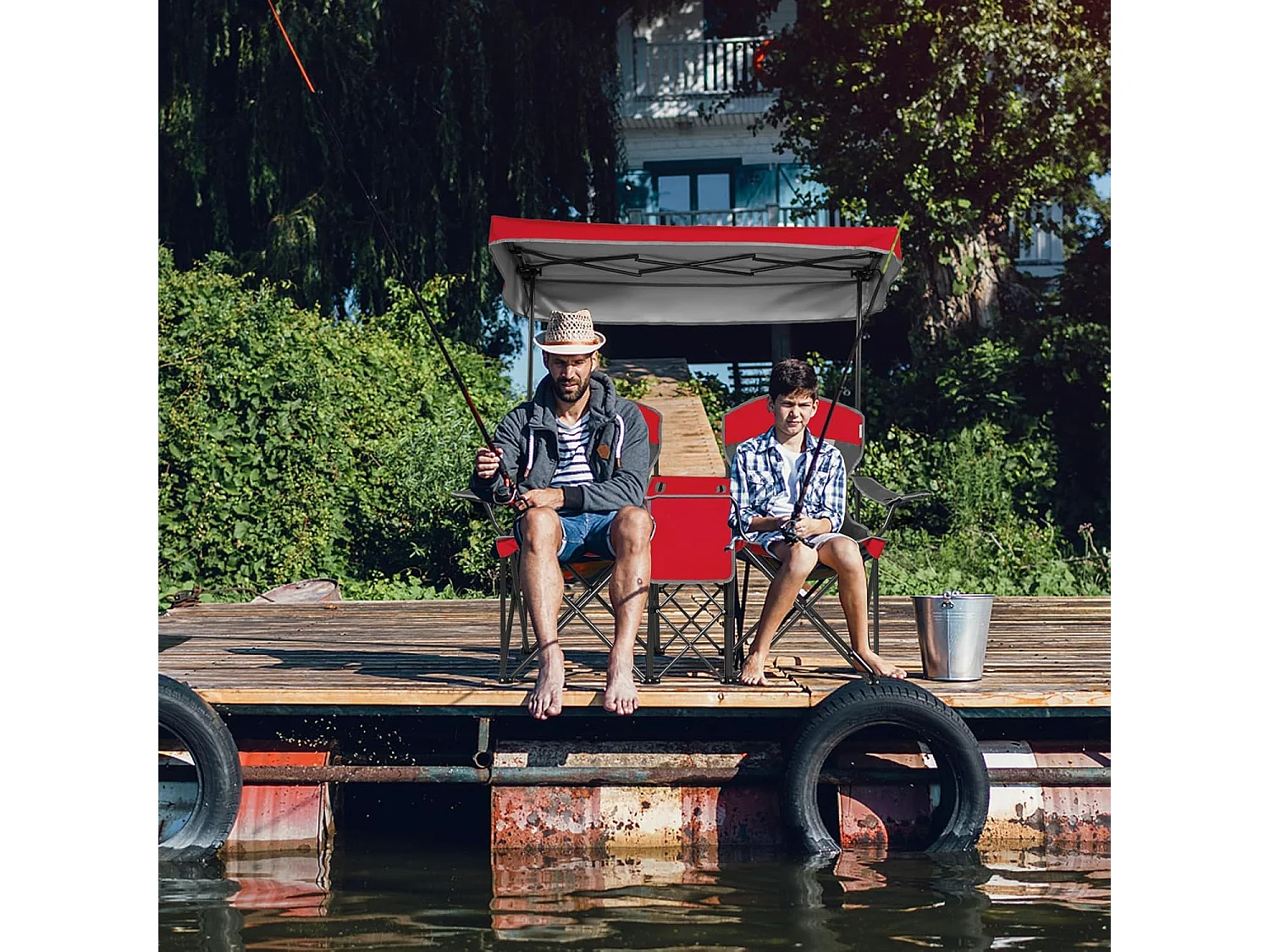 2-zits campingstoel met zonwering,mini-tafel,koeltas en bekerhouder,inklapbare visstoel,klapstoel voor kamperen,vissen,picknick (rood)AB92781