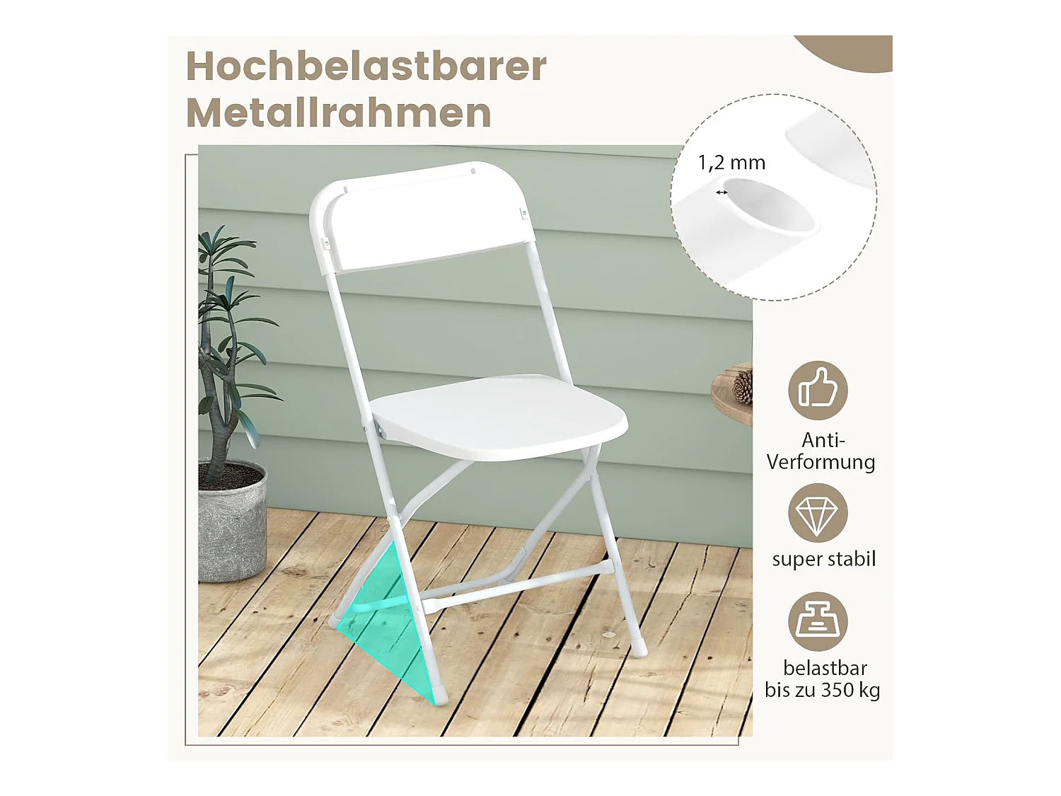 set van 4, gaststoelen, inklapbaar, 350 kg draagvermogen, draagbare tuinstoelen met metalen frame, voor thuis, kantoor, bruiloft, feest, wit ZB33134