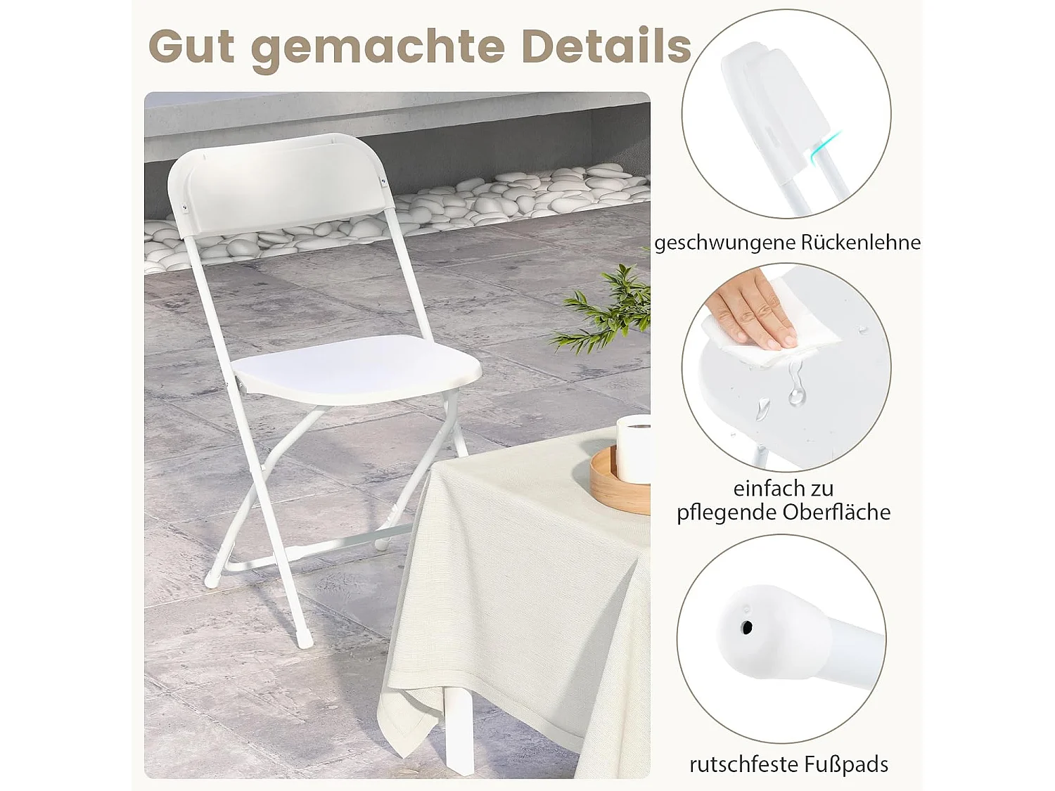 set van 4, gaststoelen, inklapbaar, 350 kg draagvermogen, draagbare tuinstoelen met metalen frame, voor thuis, kantoor, bruiloft, feest, wit ZB33134