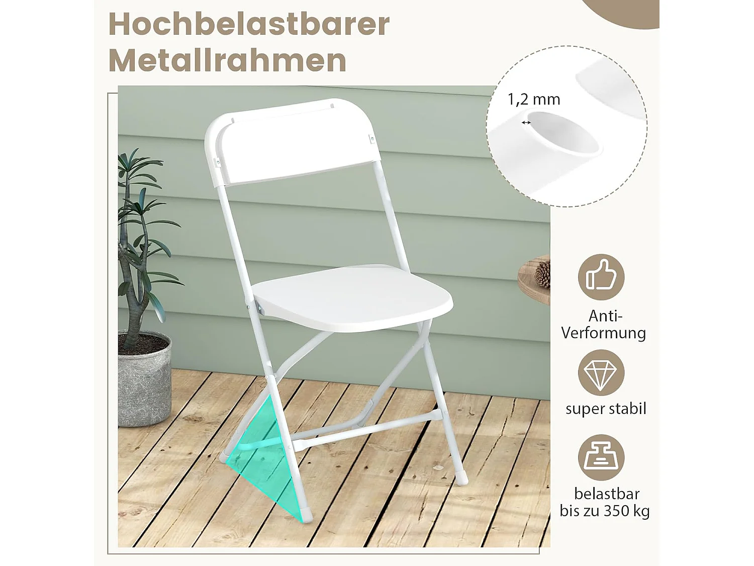 set van 4, gaststoelen, inklapbaar, 350 kg draagvermogen, draagbare tuinstoelen met metalen frame, voor thuis, kantoor, bruiloft, feest, wit ZB33134