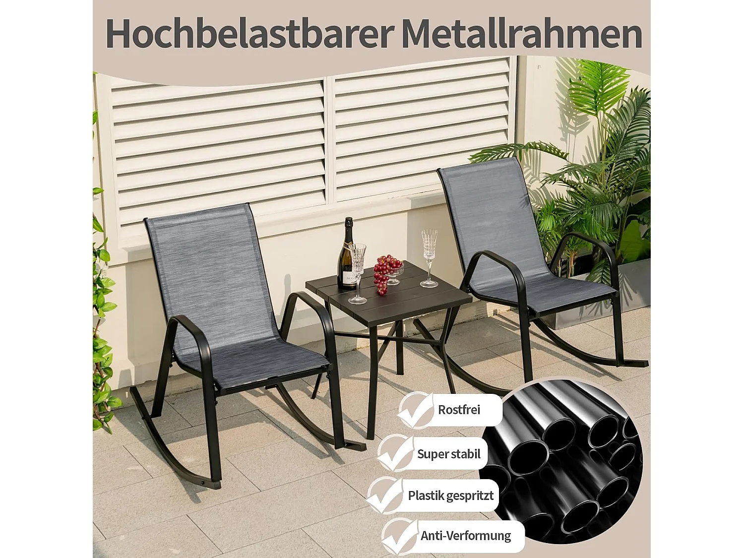 Set van 2 schommelstoelen met ademende stoffen zitting, tuinstoelen, schommelstoel, schommelstoel voor tuin, balkon, terras (grijs) ZB33202