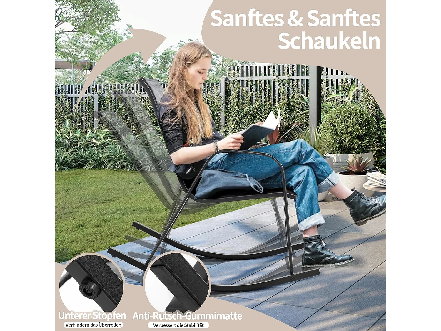 Set van 2 schommelstoelen met ademende stoffen zitting, tuinstoelen, schommelstoel, schommelstoel voor tuin, balkon, terras (grijs) ZB33202