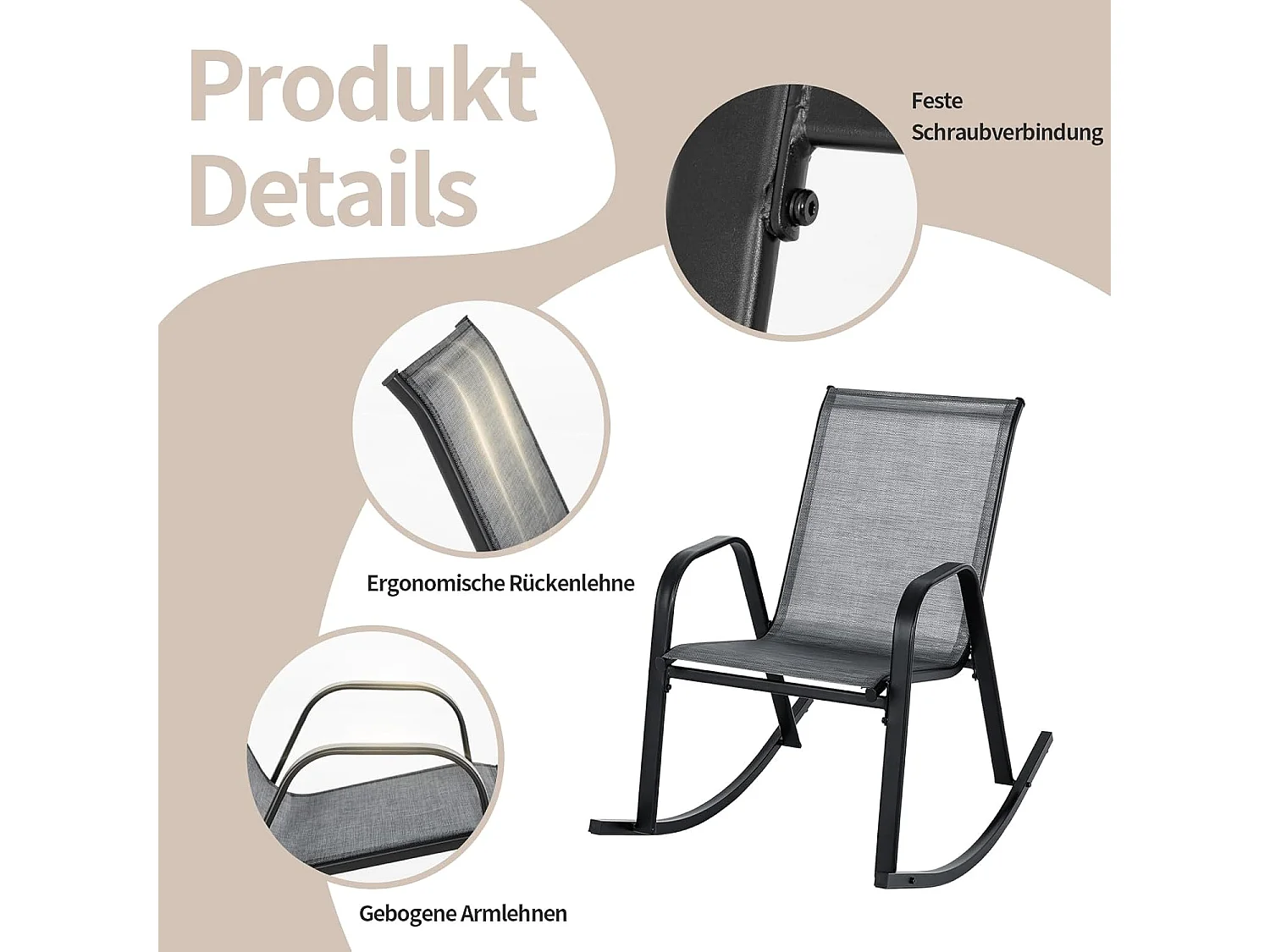 Set van 2 schommelstoelen met ademende stoffen zitting, tuinstoelen, schommelstoel, schommelstoel voor tuin, balkon, terras (grijs) ZB33202