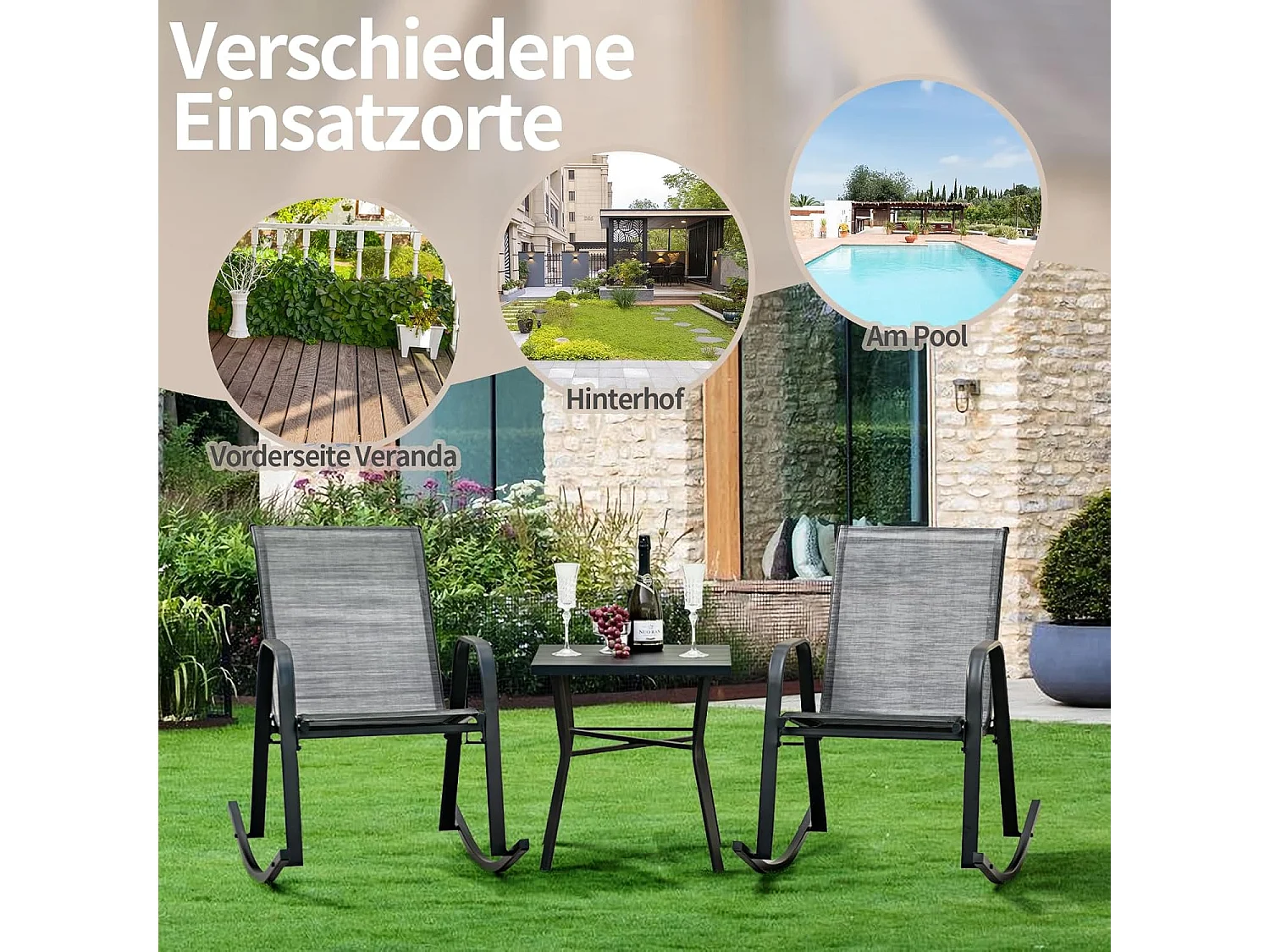 Set van 2 schommelstoelen met ademende stoffen zitting, tuinstoelen, schommelstoel, schommelstoel voor tuin, balkon, terras (grijs) ZB33202