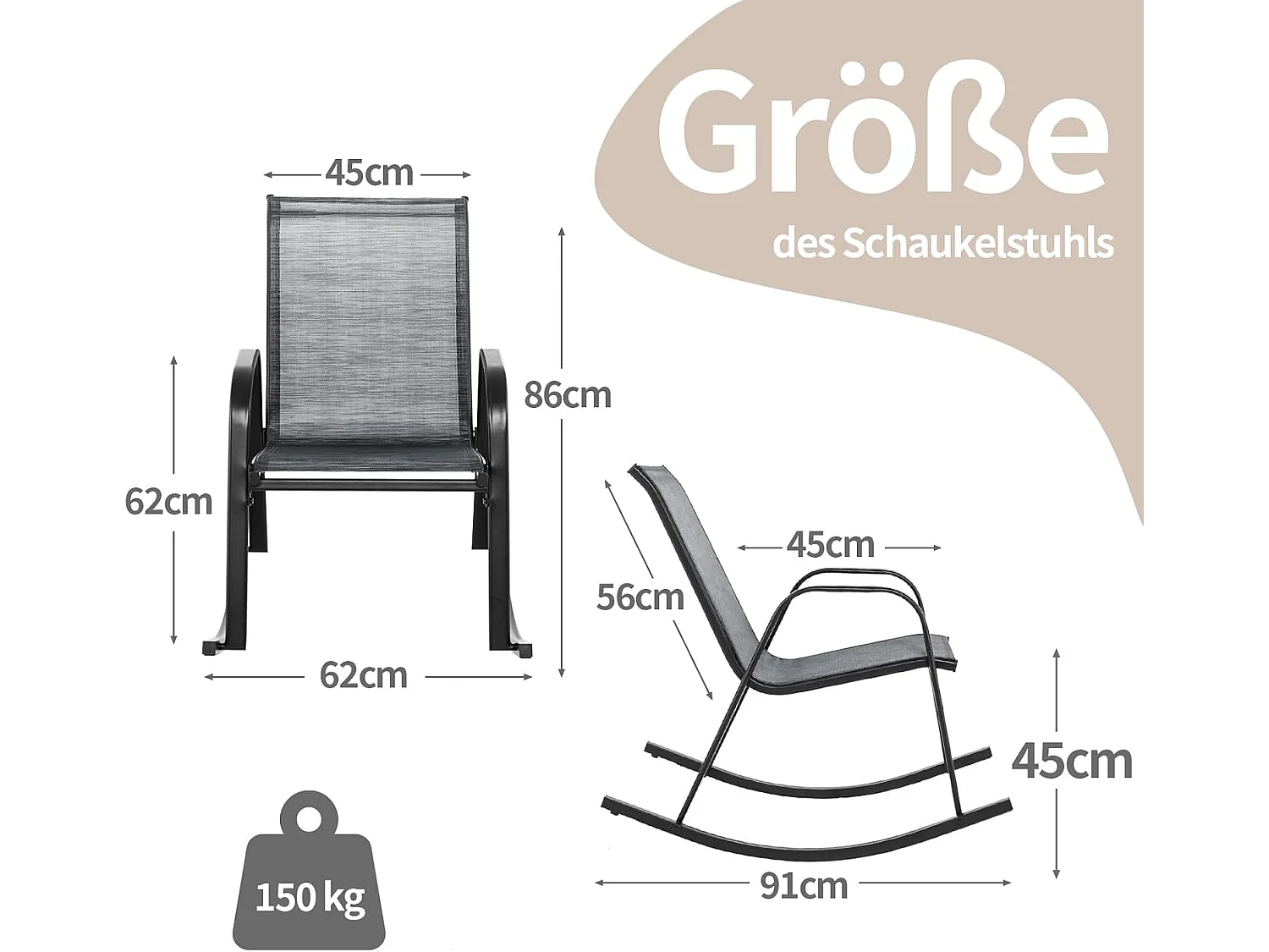 Set van 2 schommelstoelen met ademende stoffen zitting, tuinstoelen, schommelstoel, schommelstoel voor tuin, balkon, terras (grijs) ZB33202