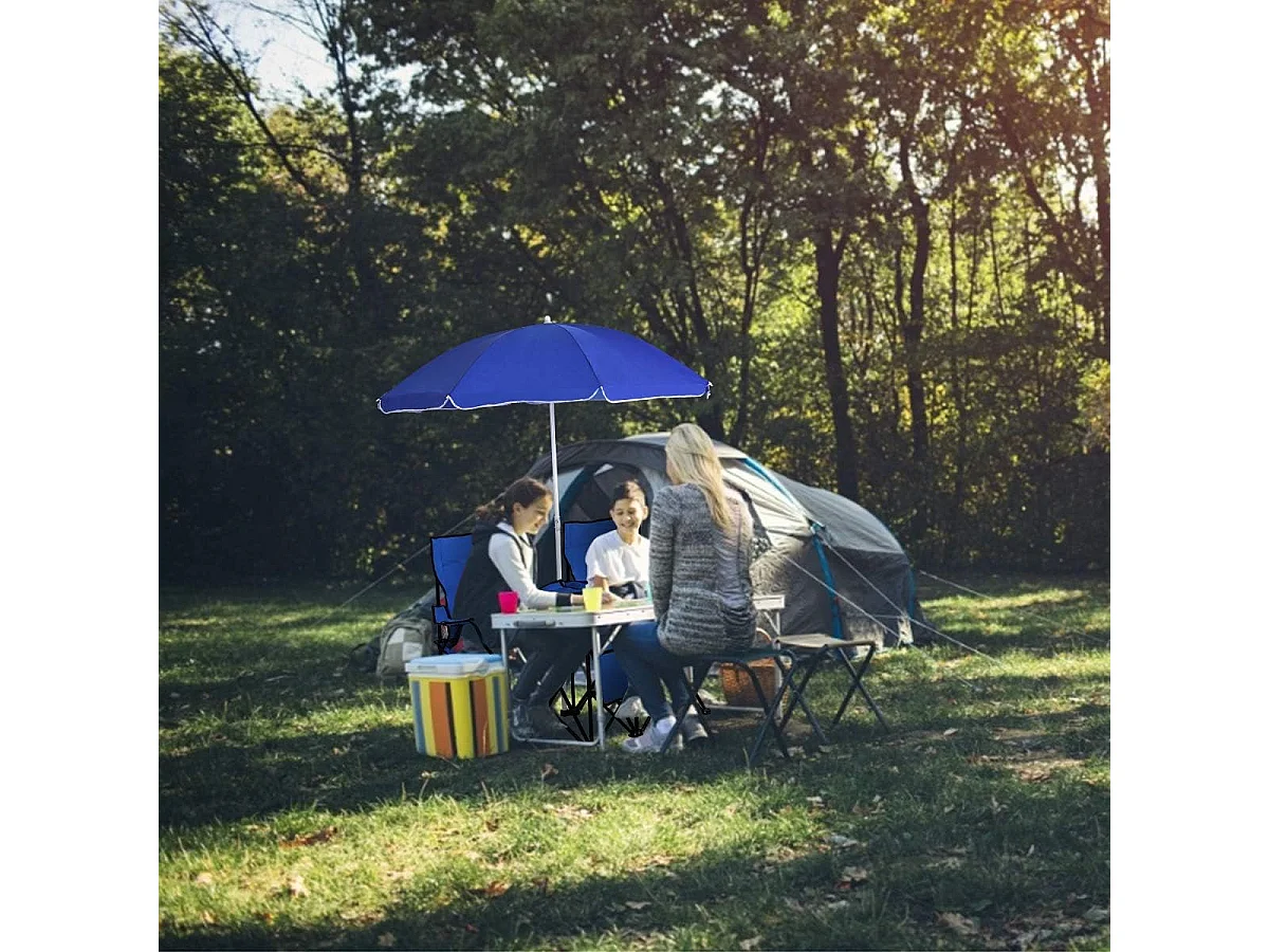 Campingstoel met parasol klapstoel voor koppels dubbele visstoel opvouwbaar met bekerhouder koeltas (diepblauw) 55 x 85 x 161 cmAB92843