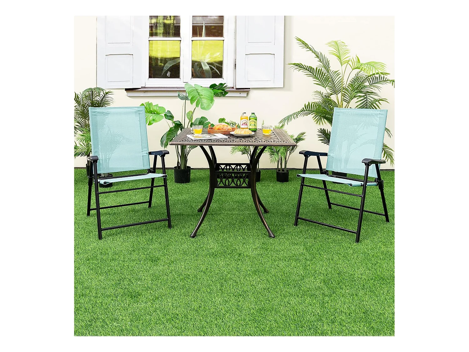 Set van 4 tuinstoelen, klapstoelen met armleuningen, balkonstoelen met weerbestendige stof, terrasstoelen voor tuin, achtertuin, balkon, mintgroen ZB33218