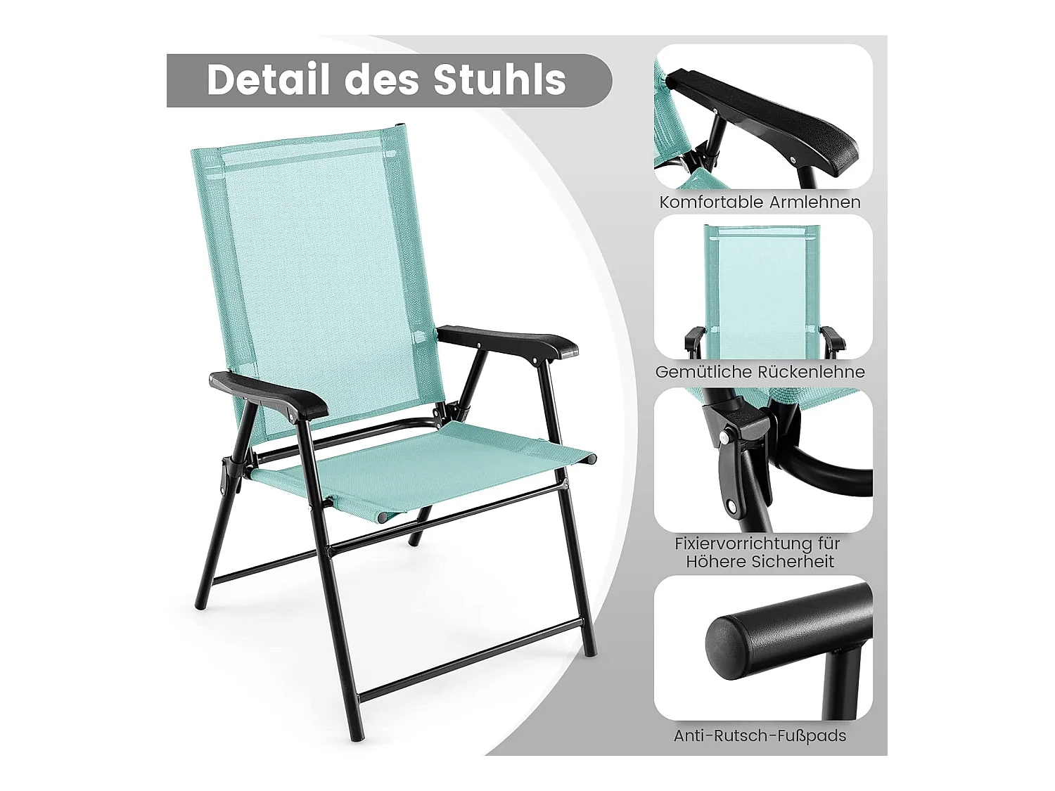 Set van 4 tuinstoelen, klapstoelen met armleuningen, balkonstoelen met weerbestendige stof, terrasstoelen voor tuin, achtertuin, balkon, mintgroen ZB33218