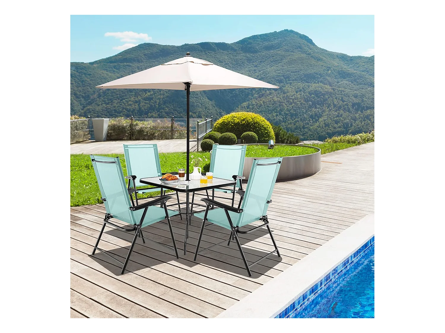 Set van 4 tuinstoelen, klapstoelen met armleuningen, balkonstoelen met weerbestendige stof, terrasstoelen voor tuin, achtertuin, balkon, mintgroen ZB33218