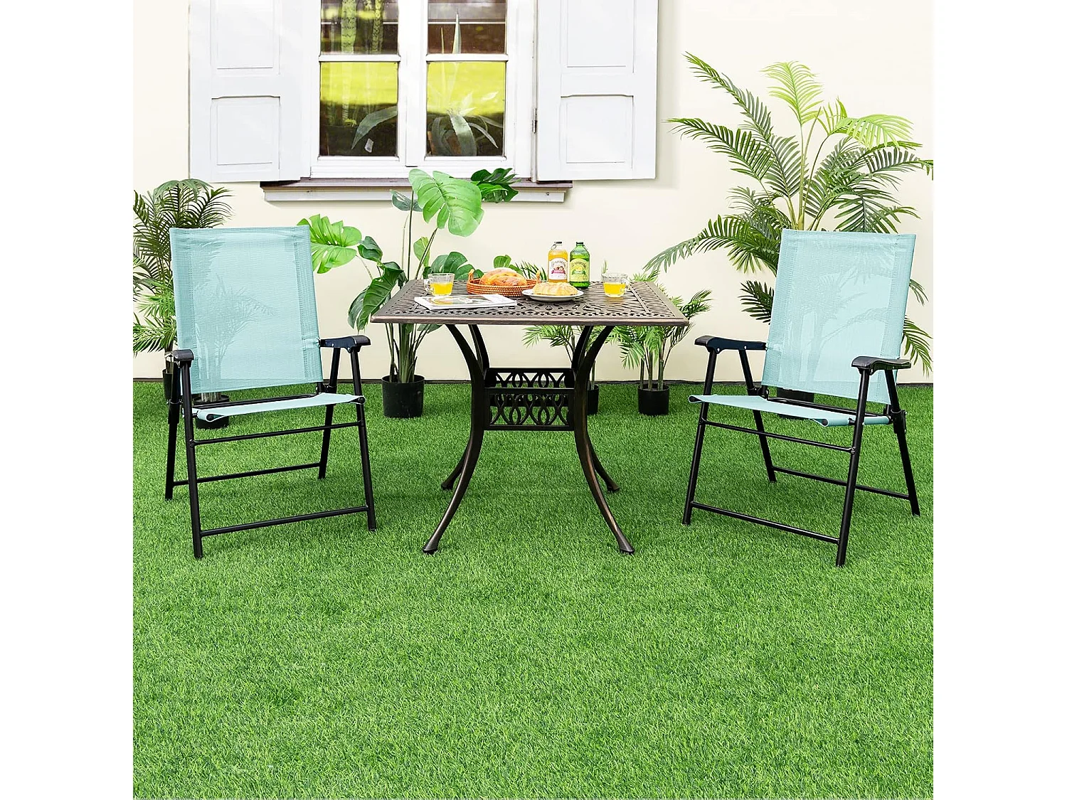 Set van 4 tuinstoelen, klapstoelen met armleuningen, balkonstoelen met weerbestendige stof, terrasstoelen voor tuin, achtertuin, balkon, mintgroen ZB33218