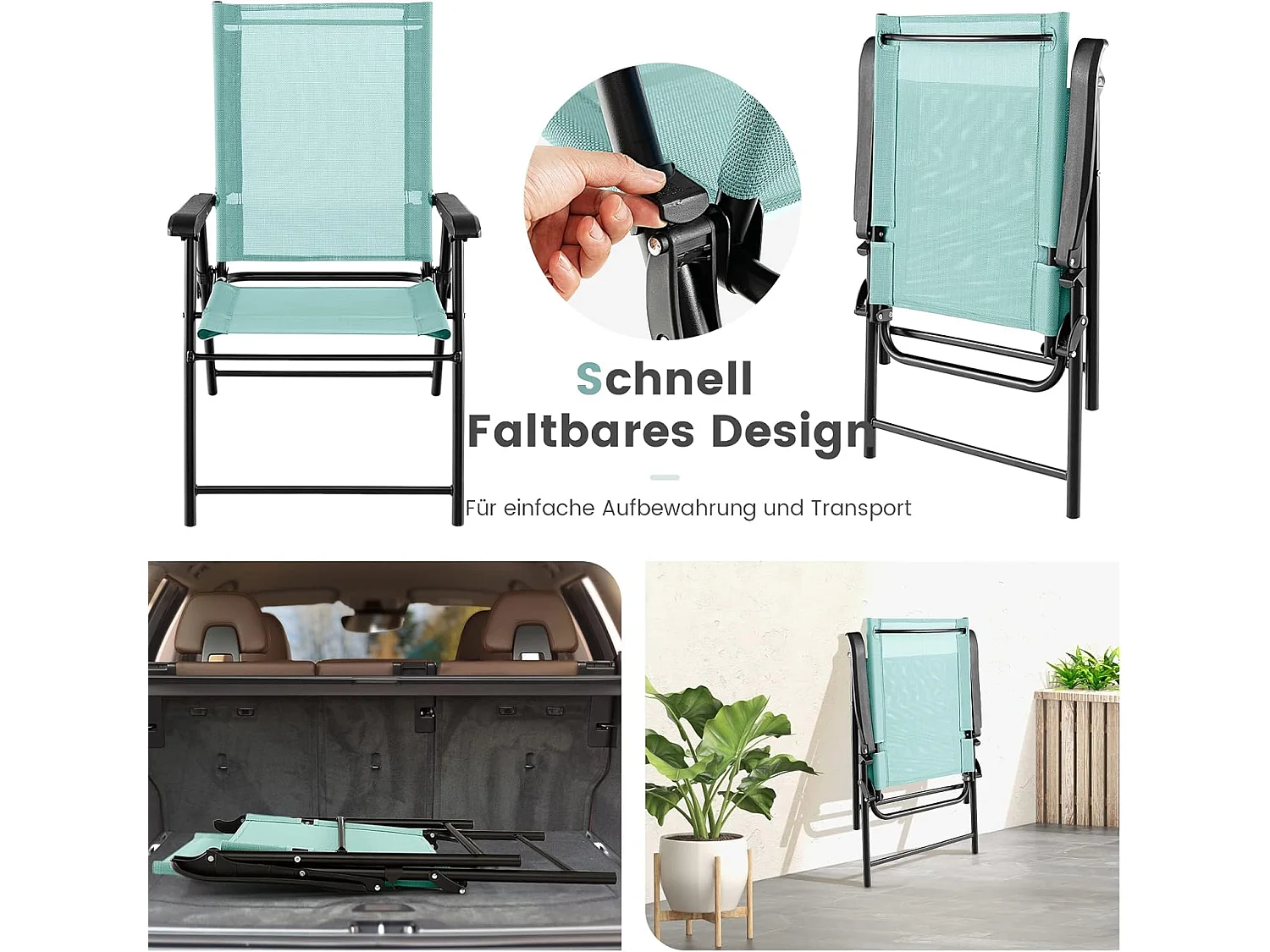 Set van 4 tuinstoelen, klapstoelen met armleuningen, balkonstoelen met weerbestendige stof, terrasstoelen voor tuin, achtertuin, balkon, mintgroen ZB33218