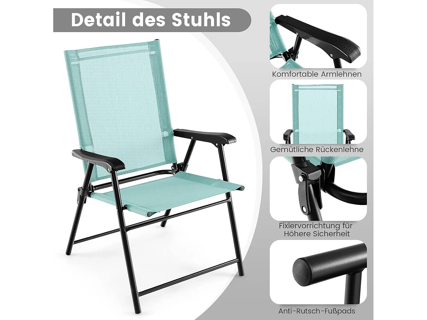 Set van 4 tuinstoelen, klapstoelen met armleuningen, balkonstoelen met weerbestendige stof, terrasstoelen voor tuin, achtertuin, balkon, mintgroen ZB33218