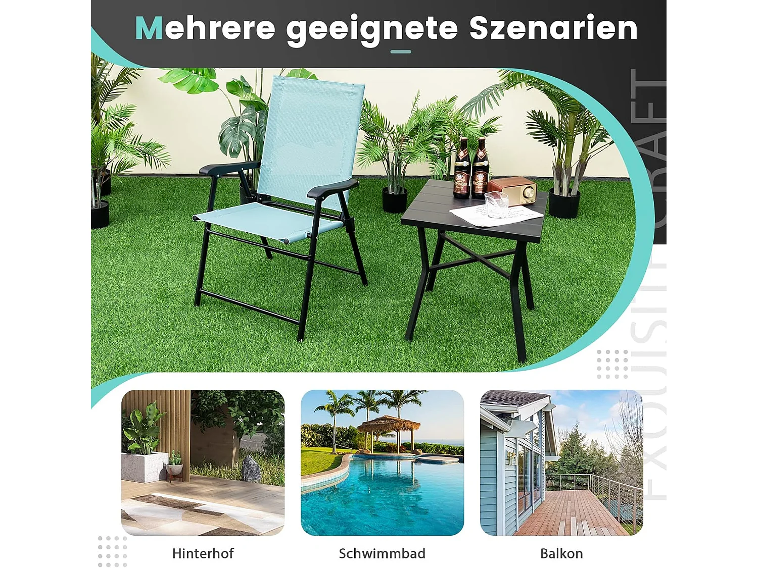 Set van 4 tuinstoelen, klapstoelen met armleuningen, balkonstoelen met weerbestendige stof, terrasstoelen voor tuin, achtertuin, balkon, mintgroen ZB33218