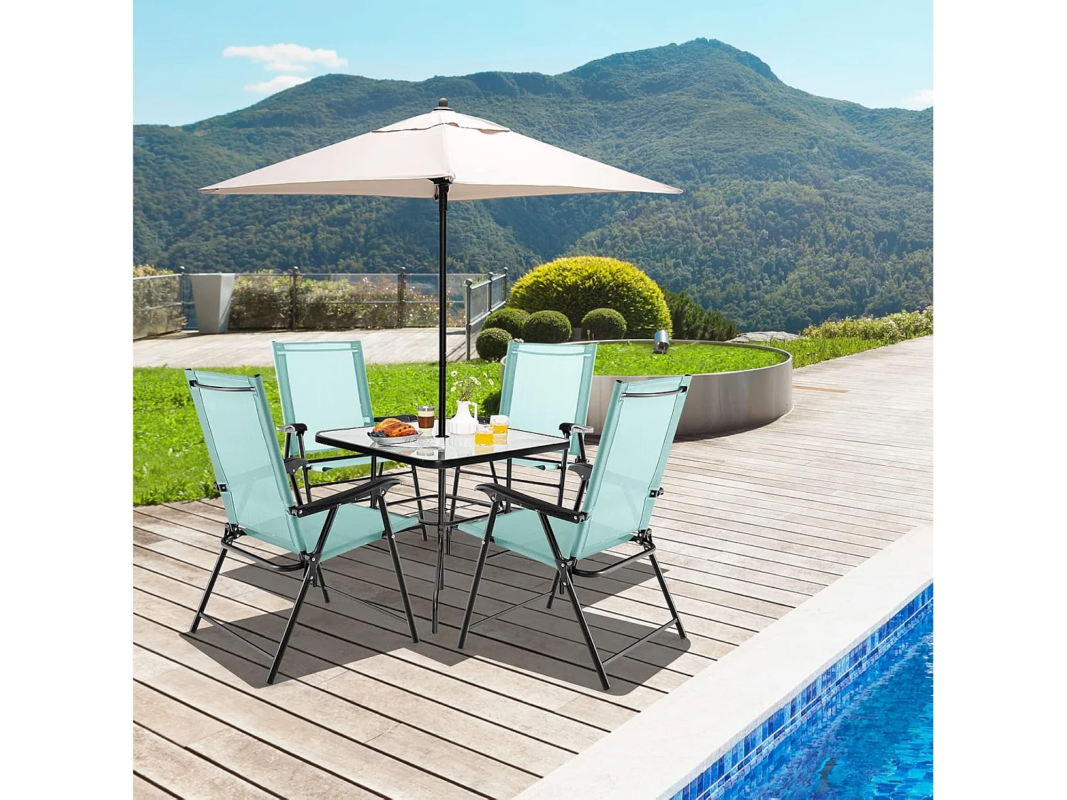 Set van 4 tuinstoelen, klapstoelen met armleuningen, balkonstoelen met weerbestendige stof, terrasstoelen voor tuin, achtertuin, balkon, mintgroen ZB33218