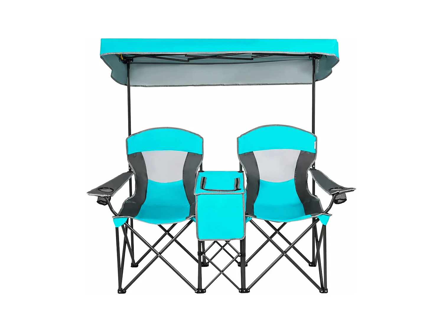 2-zits campingstoel met zonwering,mini-tafel,koeltas en bekerhouder,inklapbare visstoel,vouwstoel,klapstoel voor kamperen AB92781 (marineblauw)