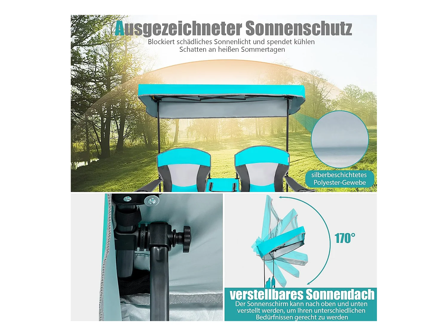 2-zits campingstoel met zonwering,mini-tafel,koeltas en bekerhouder,inklapbare visstoel,vouwstoel,klapstoel voor kamperen AB92781 (marineblauw)