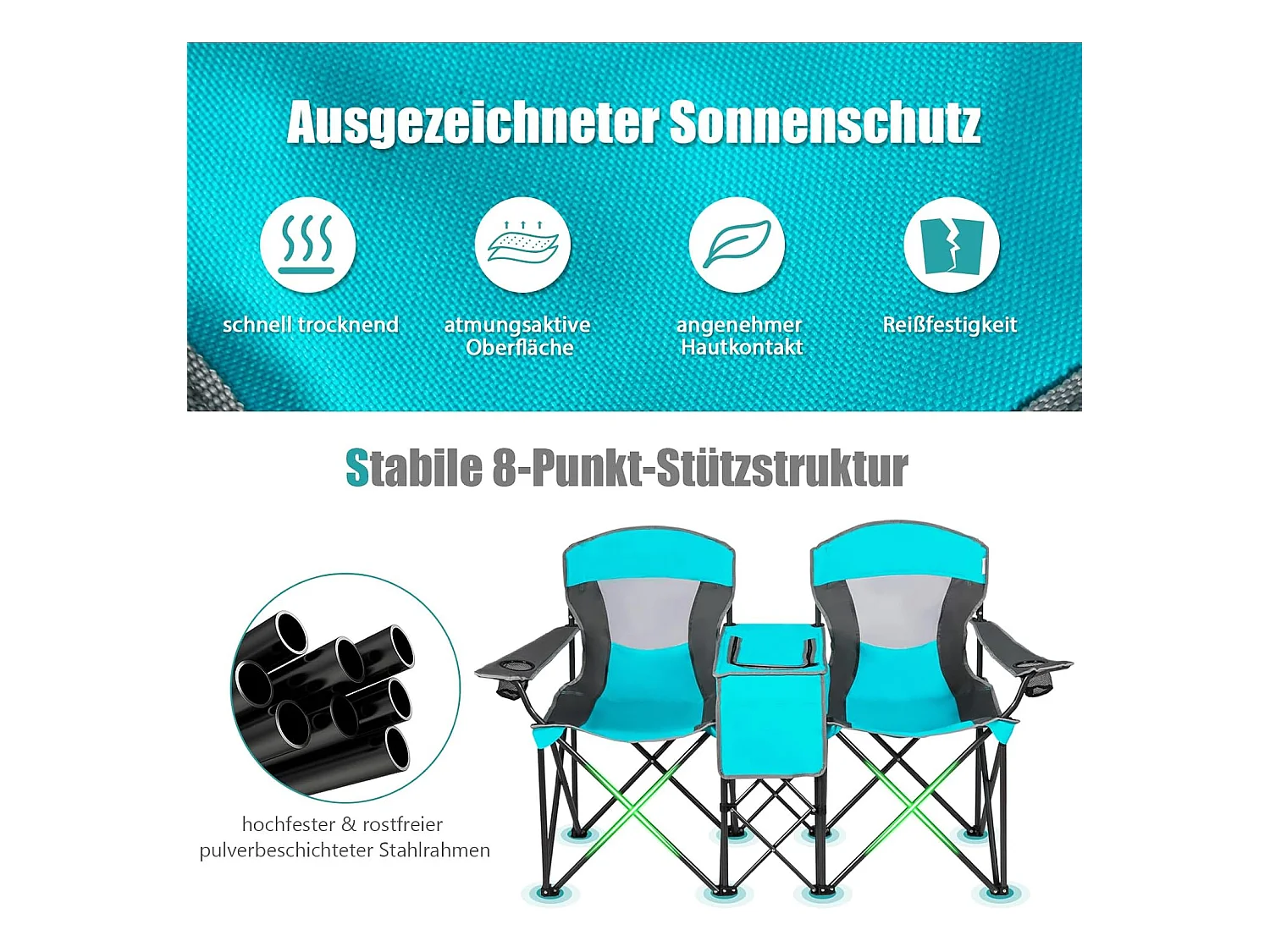 2-zits campingstoel met zonwering,mini-tafel,koeltas en bekerhouder,inklapbare visstoel,vouwstoel,klapstoel voor kamperen AB92781 (marineblauw)