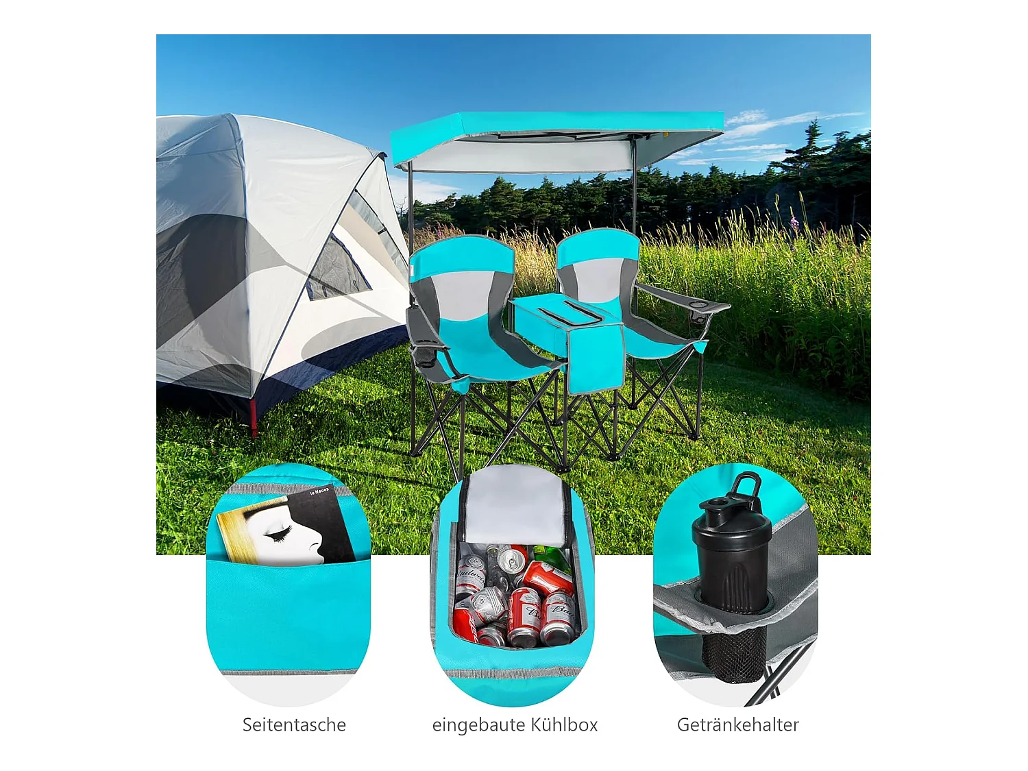 2-zits campingstoel met zonwering,mini-tafel,koeltas en bekerhouder,inklapbare visstoel,vouwstoel,klapstoel voor kamperen AB92781 (marineblauw)