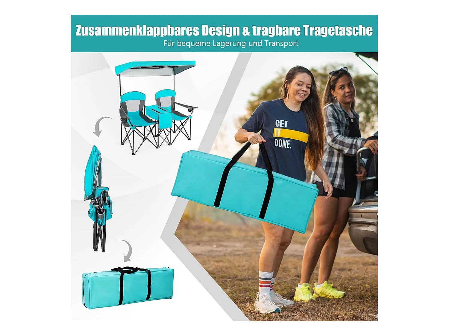 2-zits campingstoel met zonwering,mini-tafel,koeltas en bekerhouder,inklapbare visstoel,vouwstoel,klapstoel voor kamperen AB92781 (marineblauw)