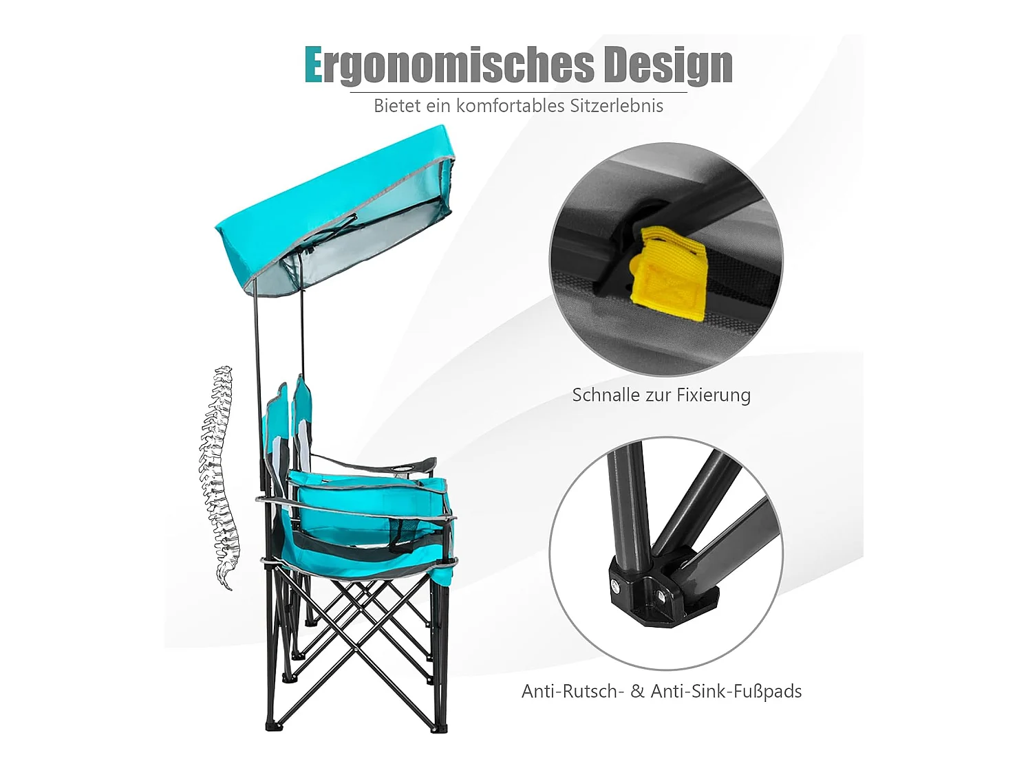 2-zits campingstoel met zonwering,mini-tafel,koeltas en bekerhouder,inklapbare visstoel,vouwstoel,klapstoel voor kamperen AB92781 (marineblauw)