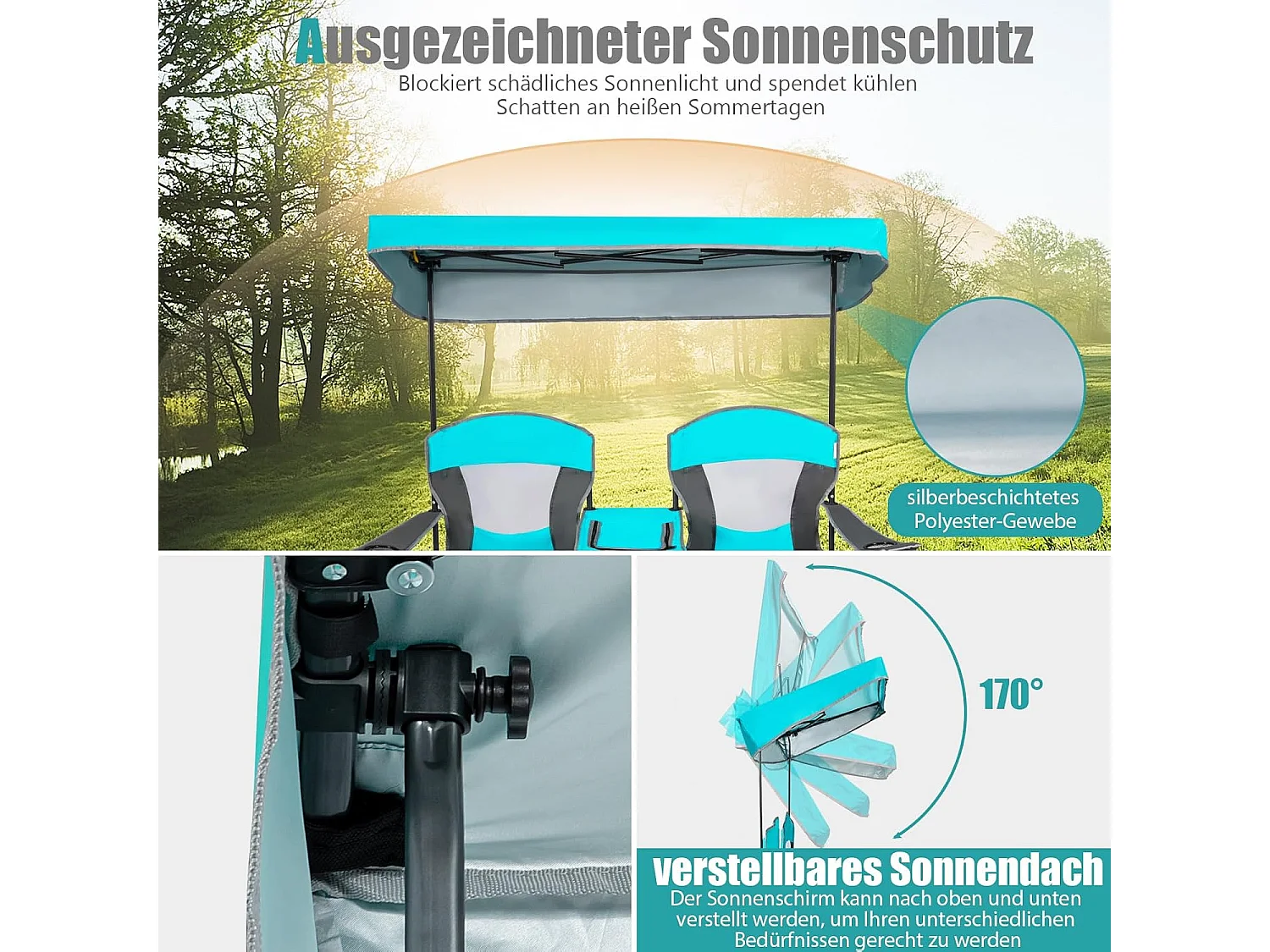 2-zits campingstoel met zonwering,mini-tafel,koeltas en bekerhouder,inklapbare visstoel,vouwstoel,klapstoel voor kamperen AB92781 (marineblauw)