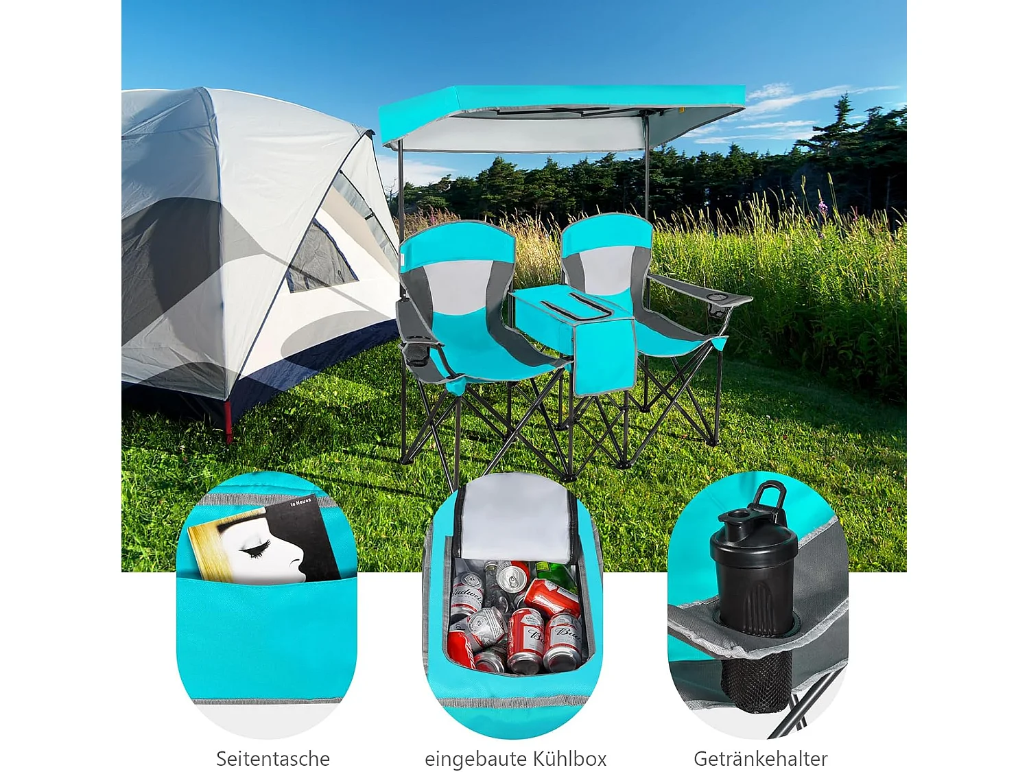 2-zits campingstoel met zonwering,mini-tafel,koeltas en bekerhouder,inklapbare visstoel,vouwstoel,klapstoel voor kamperen AB92781 (marineblauw)