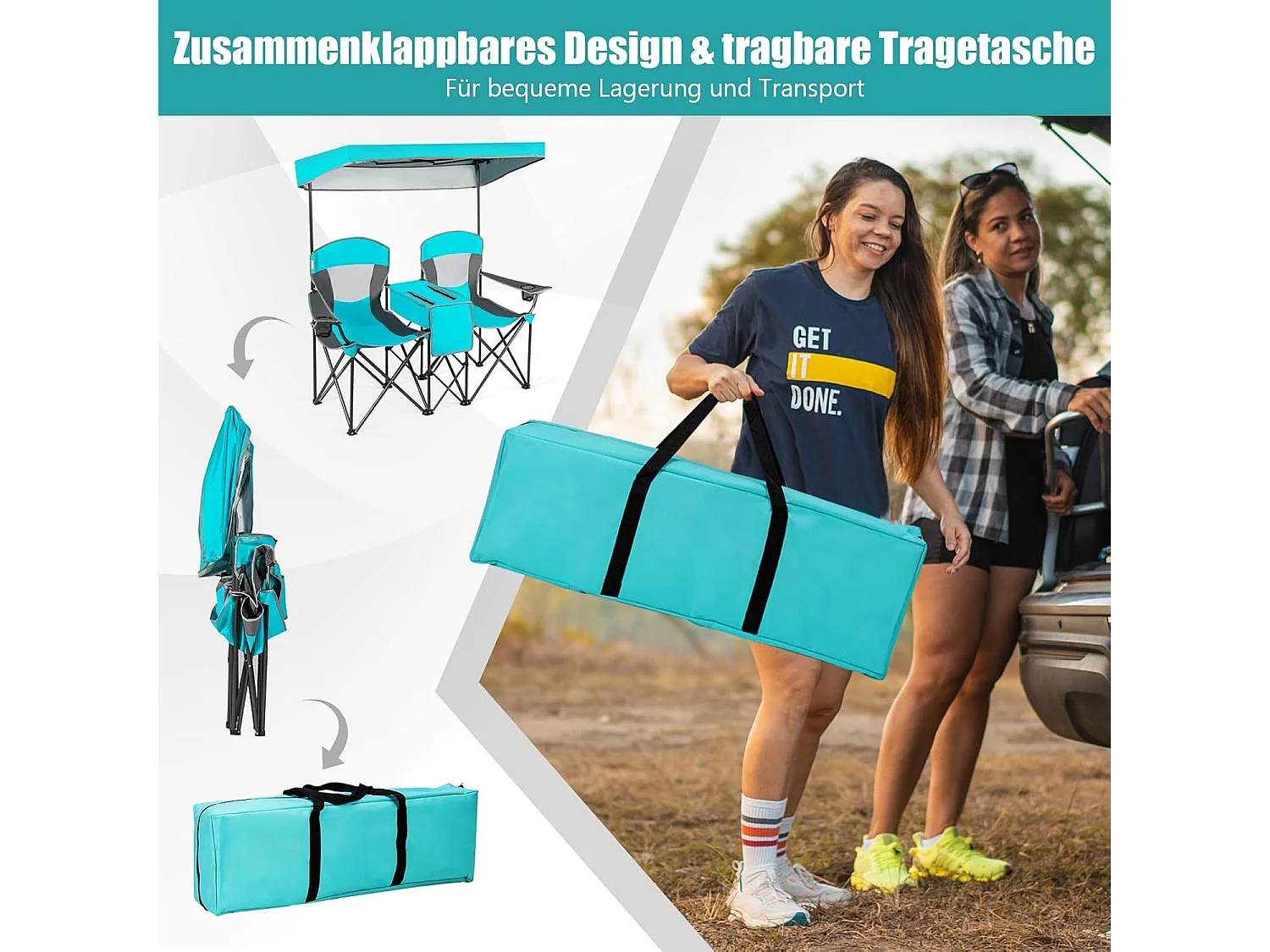 2-zits campingstoel met zonwering,mini-tafel,koeltas en bekerhouder,inklapbare visstoel,vouwstoel,klapstoel voor kamperen AB92781 (marineblauw)
