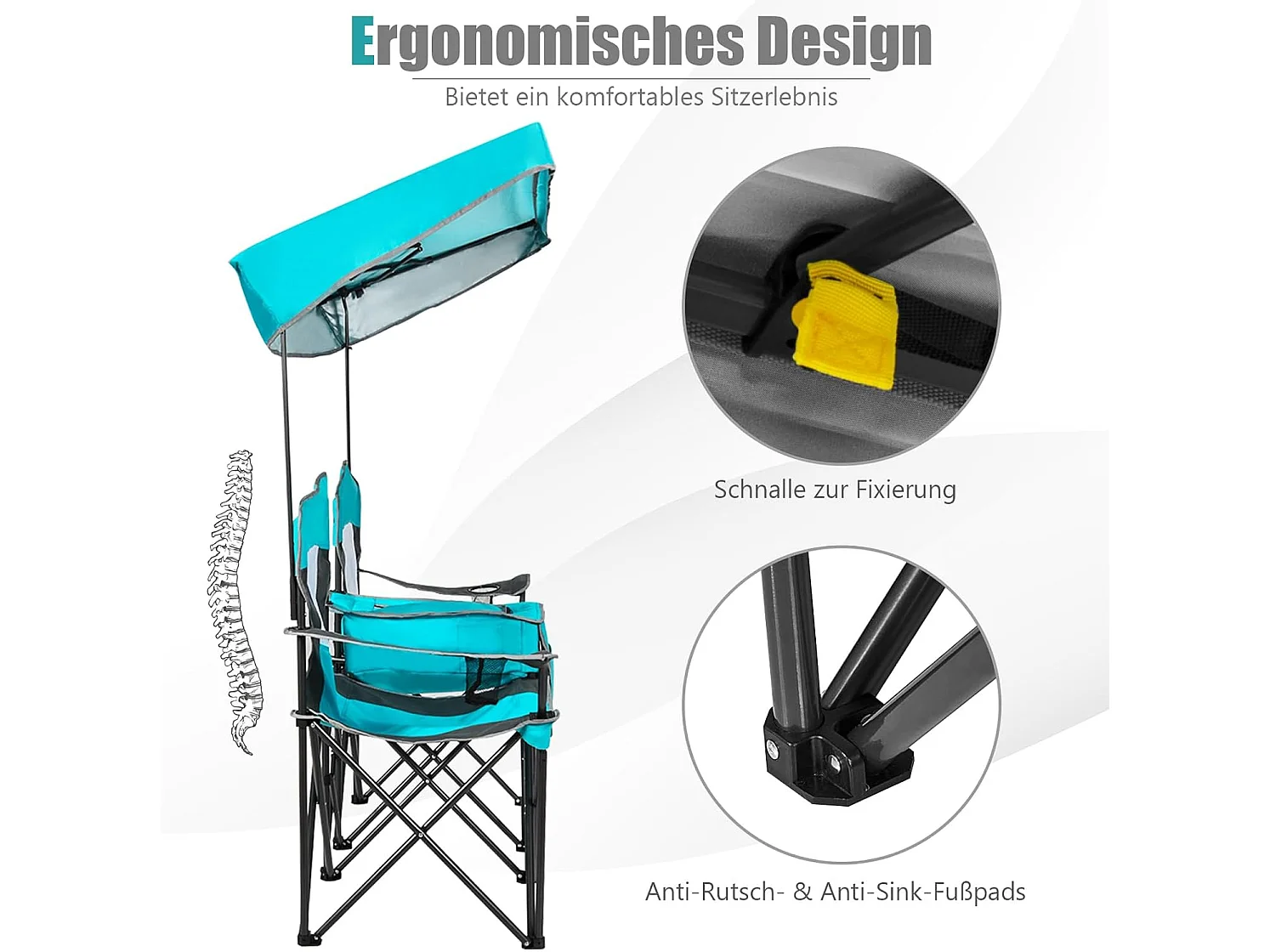 2-zits campingstoel met zonwering,mini-tafel,koeltas en bekerhouder,inklapbare visstoel,vouwstoel,klapstoel voor kamperen AB92781 (marineblauw)