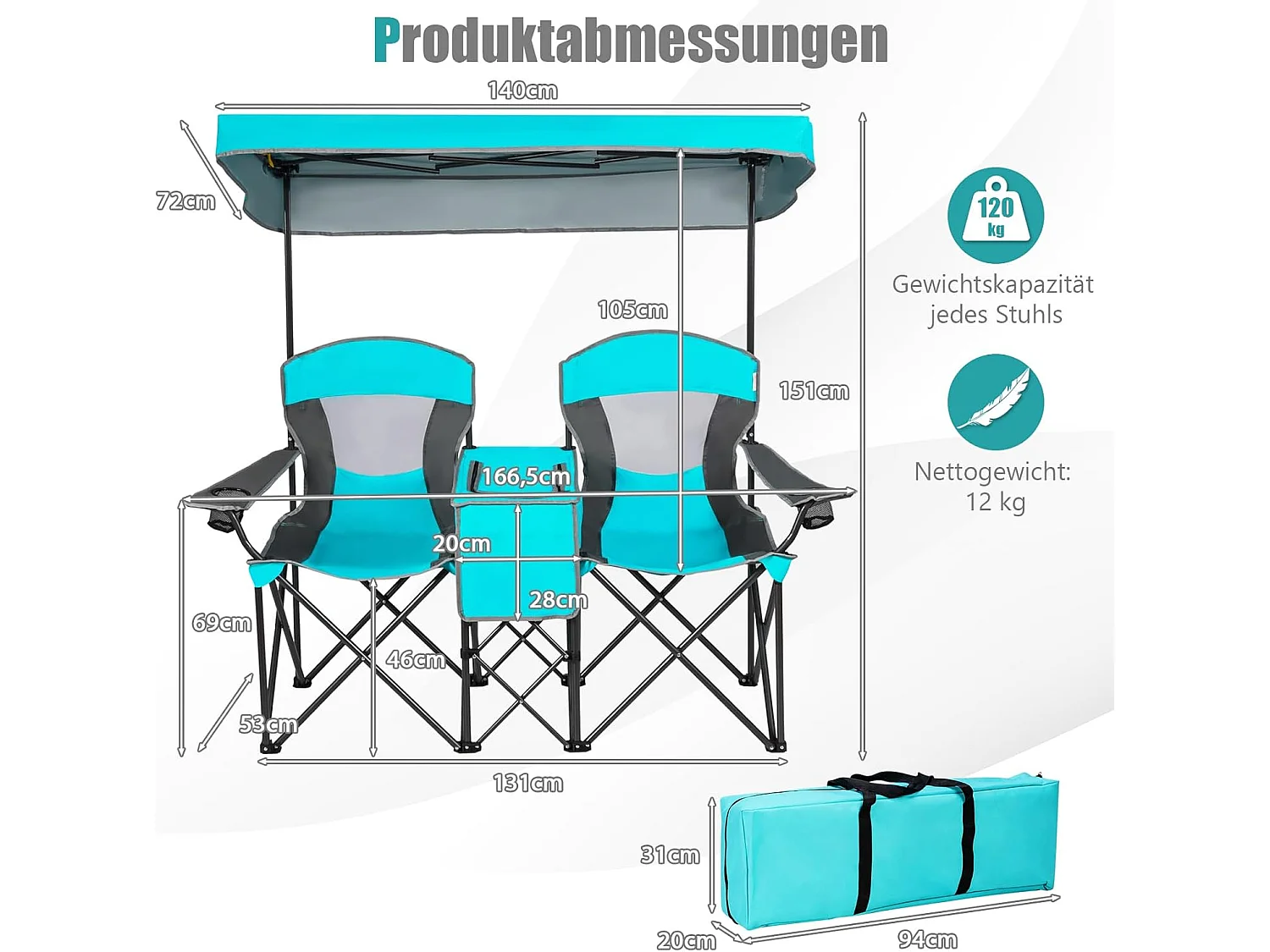2-zits campingstoel met zonwering,mini-tafel,koeltas en bekerhouder,inklapbare visstoel,vouwstoel,klapstoel voor kamperen AB92781 (marineblauw)