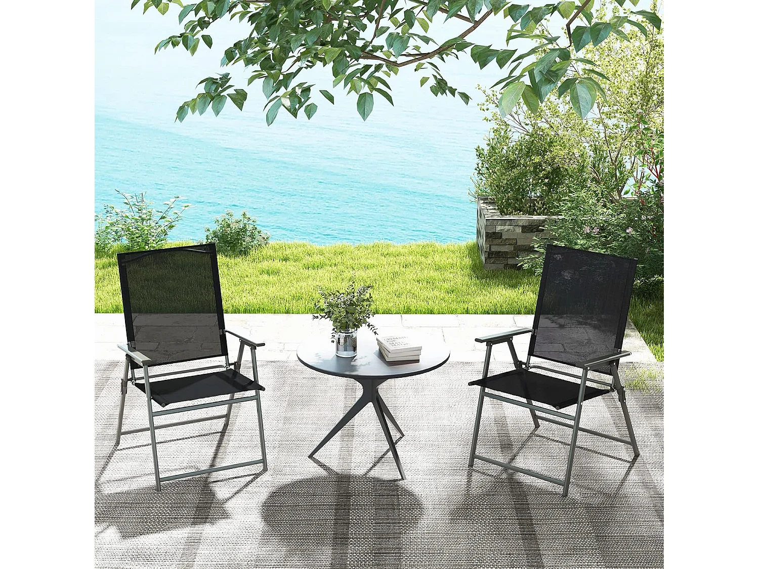 Set van 2 tuinstoelen, klapstoelen met weerbestendige stof, balkonstoelen met armleuningen, terrasstoelen voor tuin, terras, balkon (zwart) ZB33246