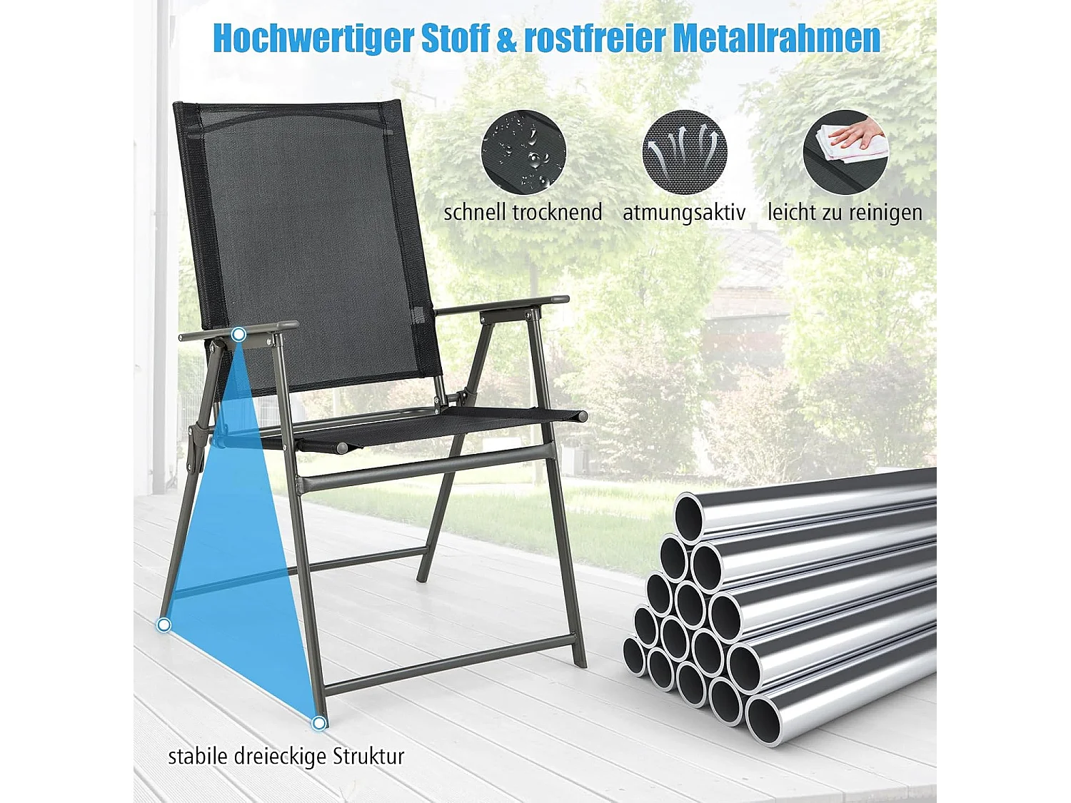 Set van 2 tuinstoelen, klapstoelen met weerbestendige stof, balkonstoelen met armleuningen, terrasstoelen voor tuin, terras, balkon (zwart) ZB33246