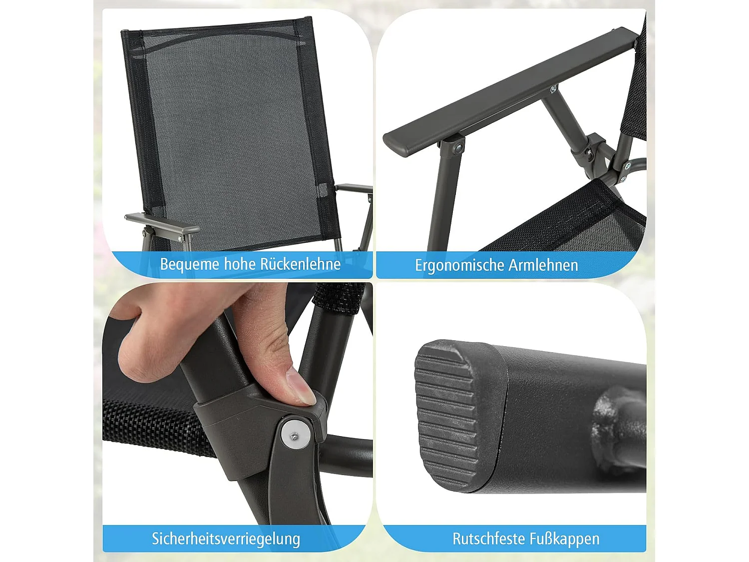 Set van 2 tuinstoelen, klapstoelen met weerbestendige stof, balkonstoelen met armleuningen, terrasstoelen voor tuin, terras, balkon (zwart) ZB33246