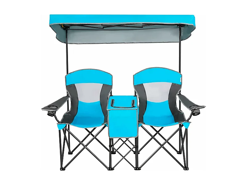 2-zits campingstoel met zonwering, mini-tafel koeltas en bekerhouder,inklapbare visstoel klapstoel voor kamperen, vissen, picknick (blauw)AB92781