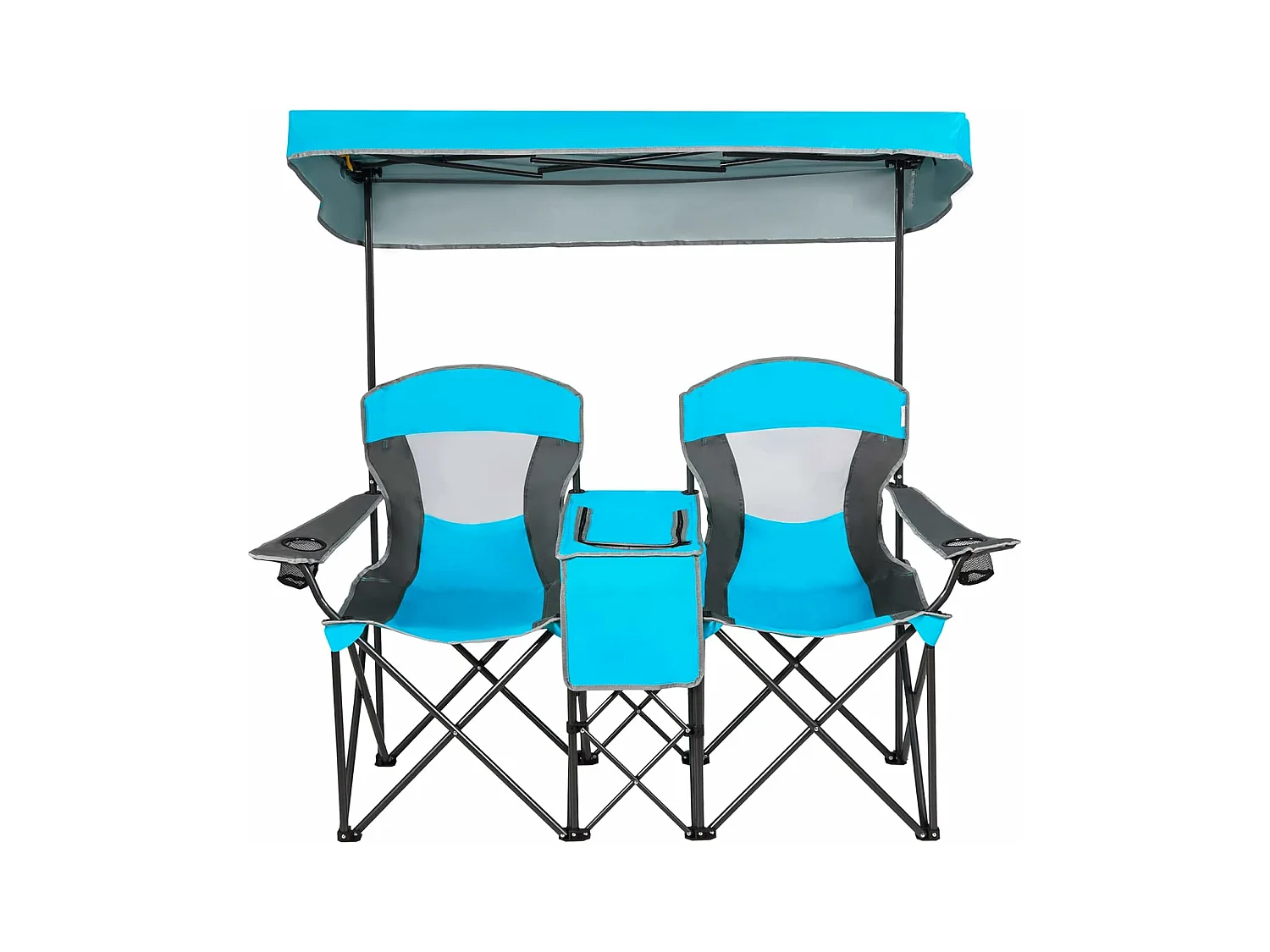 2-zits campingstoel met zonwering, mini-tafel koeltas en bekerhouder,inklapbare visstoel klapstoel voor kamperen, vissen, picknick (blauw)AB92781