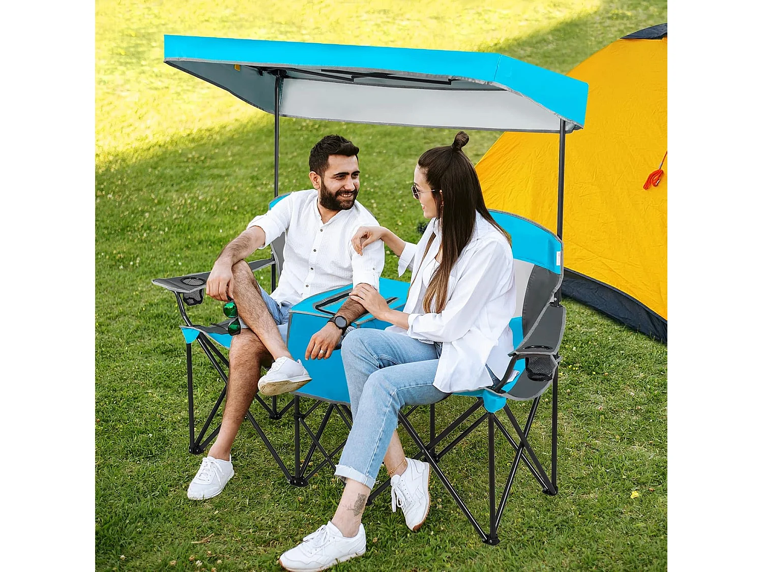 2-zits campingstoel met zonwering, mini-tafel koeltas en bekerhouder,inklapbare visstoel klapstoel voor kamperen, vissen, picknick (blauw)AB92781