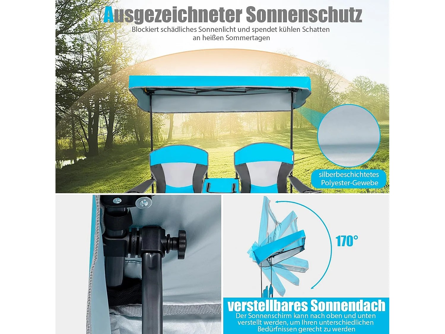 2-zits campingstoel met zonwering, mini-tafel koeltas en bekerhouder,inklapbare visstoel klapstoel voor kamperen, vissen, picknick (blauw)AB92781