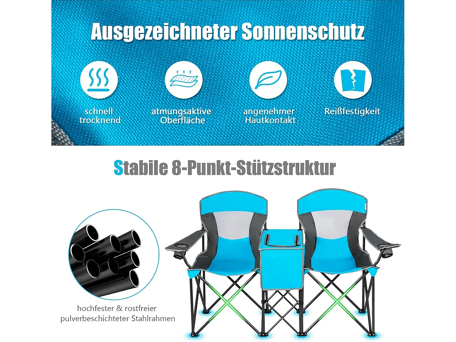 2-zits campingstoel met zonwering, mini-tafel koeltas en bekerhouder,inklapbare visstoel klapstoel voor kamperen, vissen, picknick (blauw)AB92781