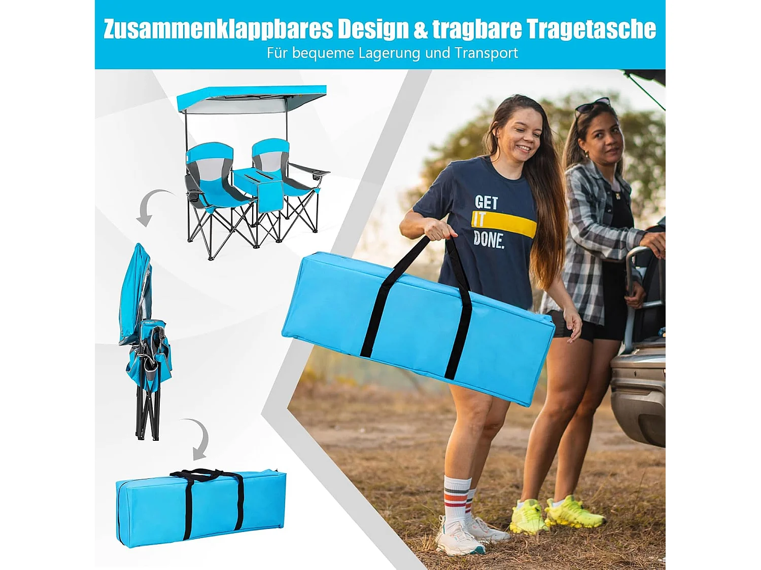 2-zits campingstoel met zonwering, mini-tafel koeltas en bekerhouder,inklapbare visstoel klapstoel voor kamperen, vissen, picknick (blauw)AB92781