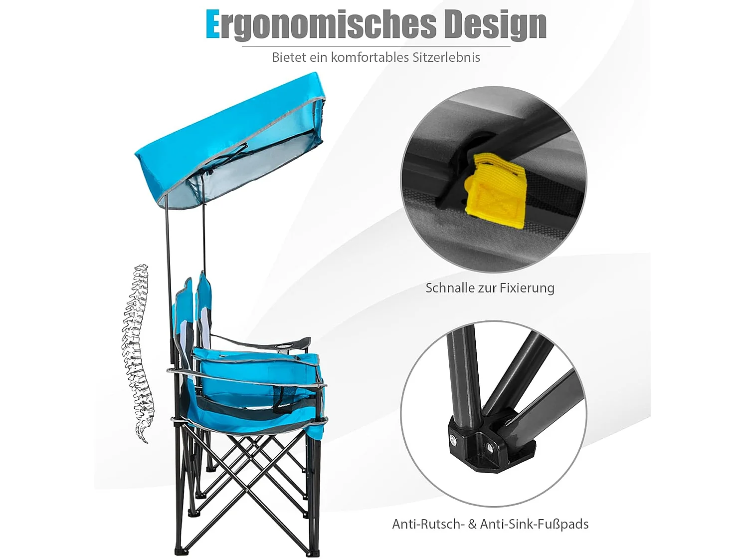 2-zits campingstoel met zonwering, mini-tafel koeltas en bekerhouder,inklapbare visstoel klapstoel voor kamperen, vissen, picknick (blauw)AB92781