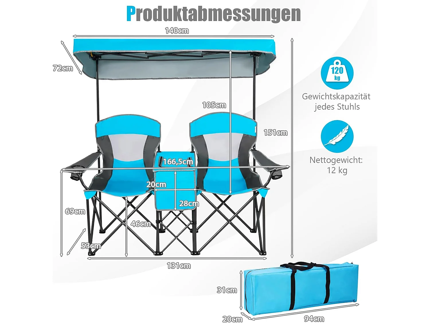 2-zits campingstoel met zonwering, mini-tafel koeltas en bekerhouder,inklapbare visstoel klapstoel voor kamperen, vissen, picknick (blauw)AB92781