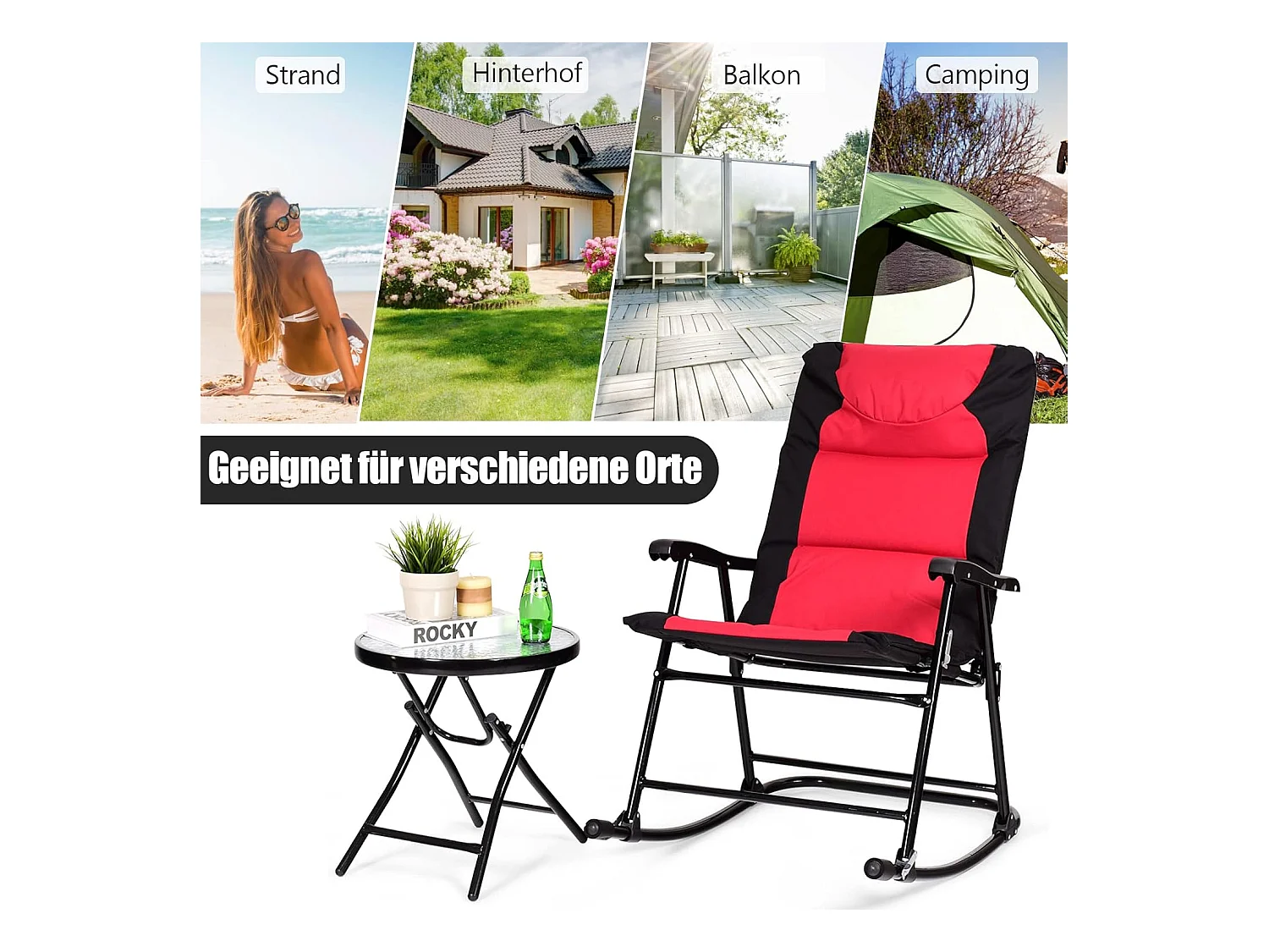 3-delige schommelligstoel, ligstoelen met bijzettafel, tuinligstoel, bistroset, ligstoel voor balkon, camping, tuin (rood)AB5850