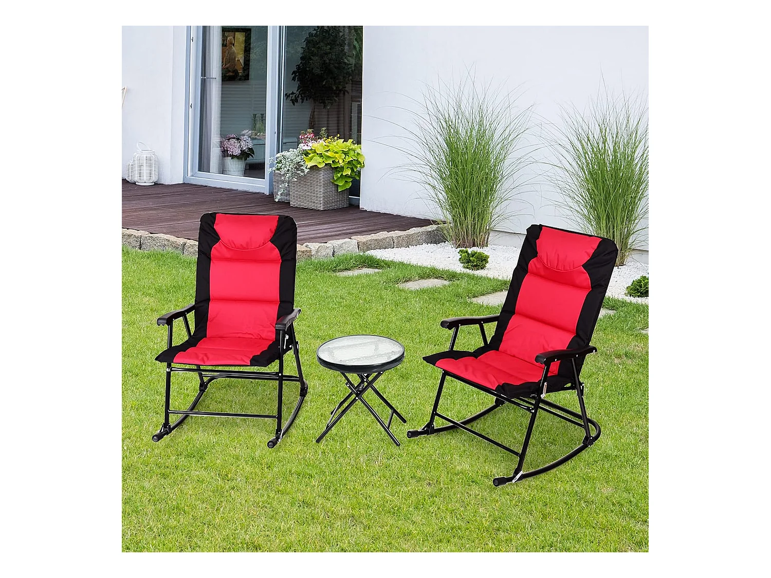 3-delige schommelligstoel, ligstoelen met bijzettafel, tuinligstoel, bistroset, ligstoel voor balkon, camping, tuin (rood)AB5850