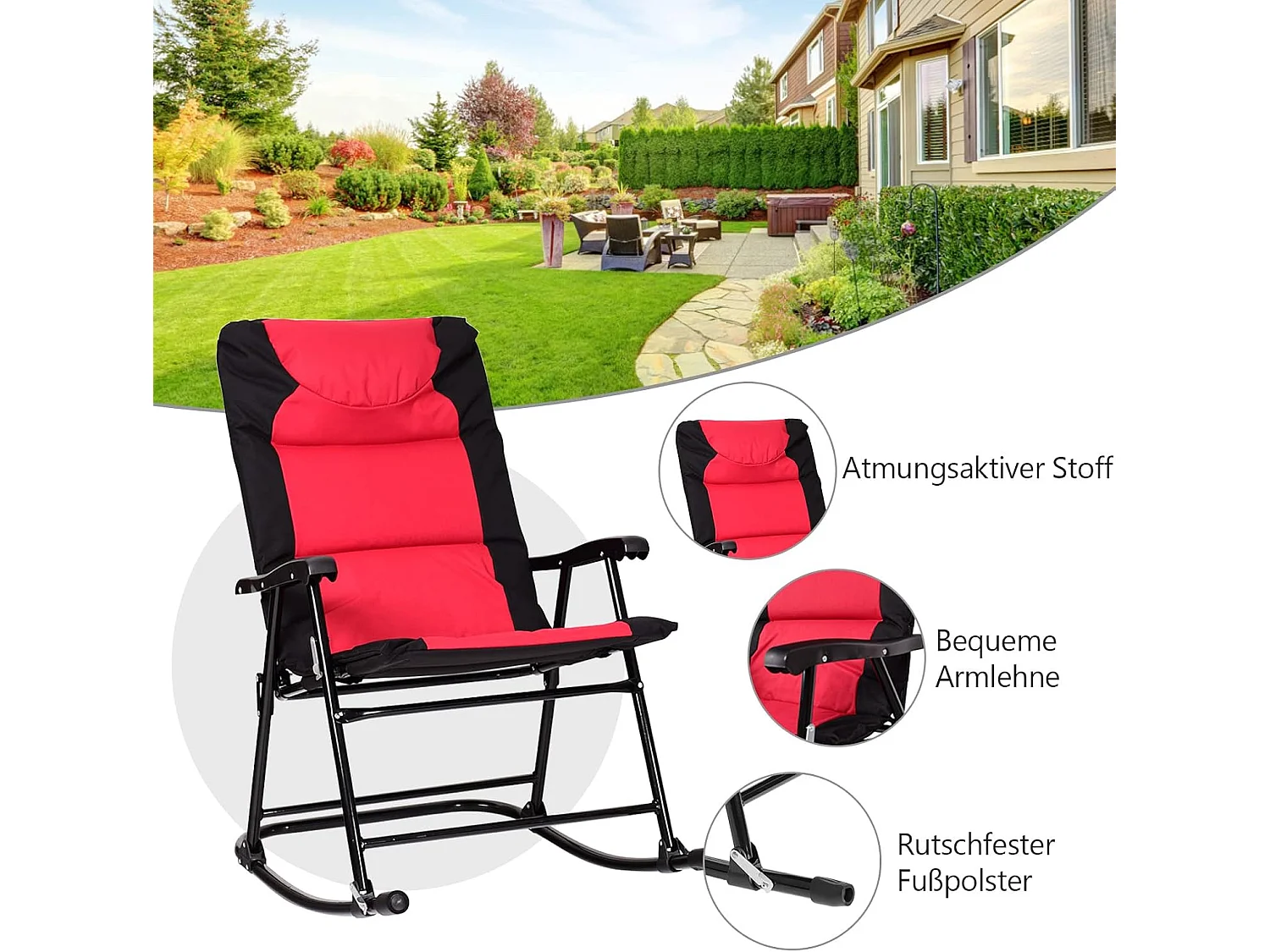 3-delige schommelligstoel, ligstoelen met bijzettafel, tuinligstoel, bistroset, ligstoel voor balkon, camping, tuin (rood)AB5850