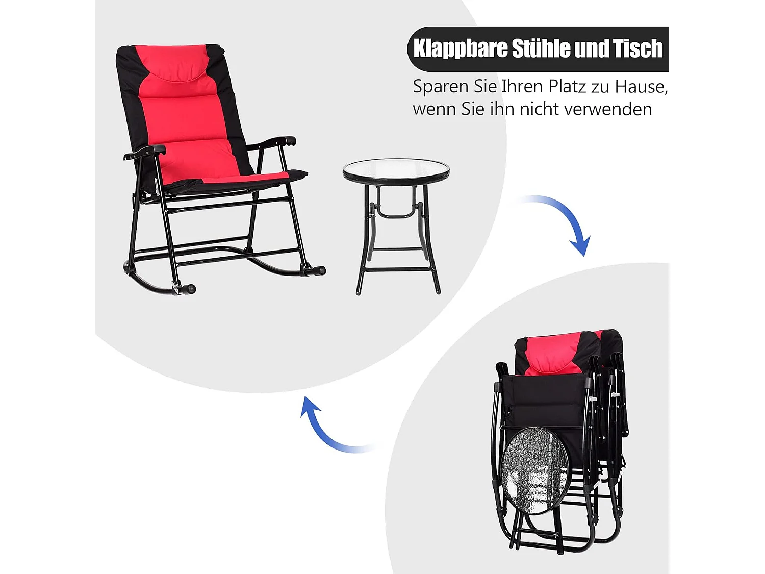 3-delige schommelligstoel, ligstoelen met bijzettafel, tuinligstoel, bistroset, ligstoel voor balkon, camping, tuin (rood)AB5850