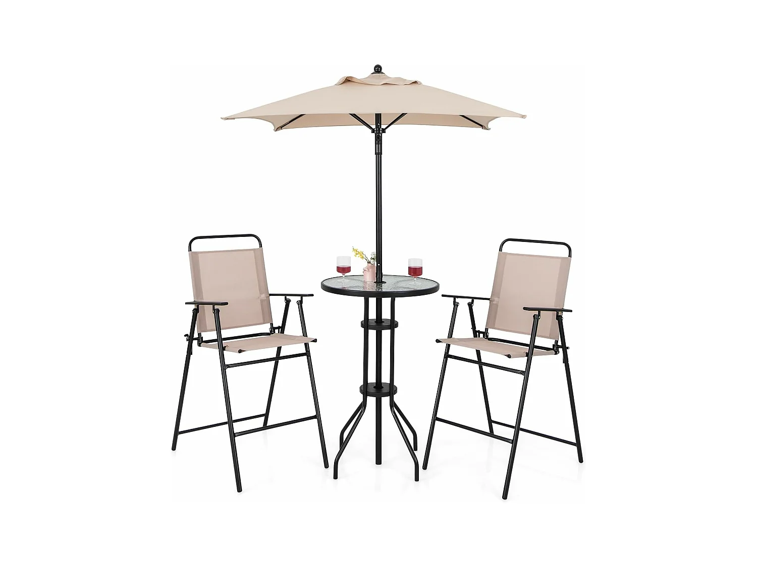 Bistrotafel met 2 inklapbare stoelen en parasol, 4-delige balkonmeubels, balkonset, tuinmeubelset, zitgroep, tuingarnituur voor tuin, balkon, zwembad, beige ZB33570