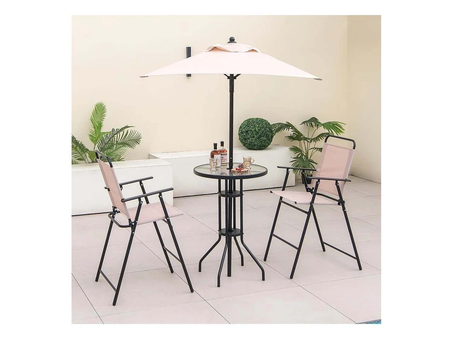Bistrotafel met 2 inklapbare stoelen en parasol, 4-delige balkonmeubels, balkonset, tuinmeubelset, zitgroep, tuingarnituur voor tuin, balkon, zwembad, beige ZB33570
